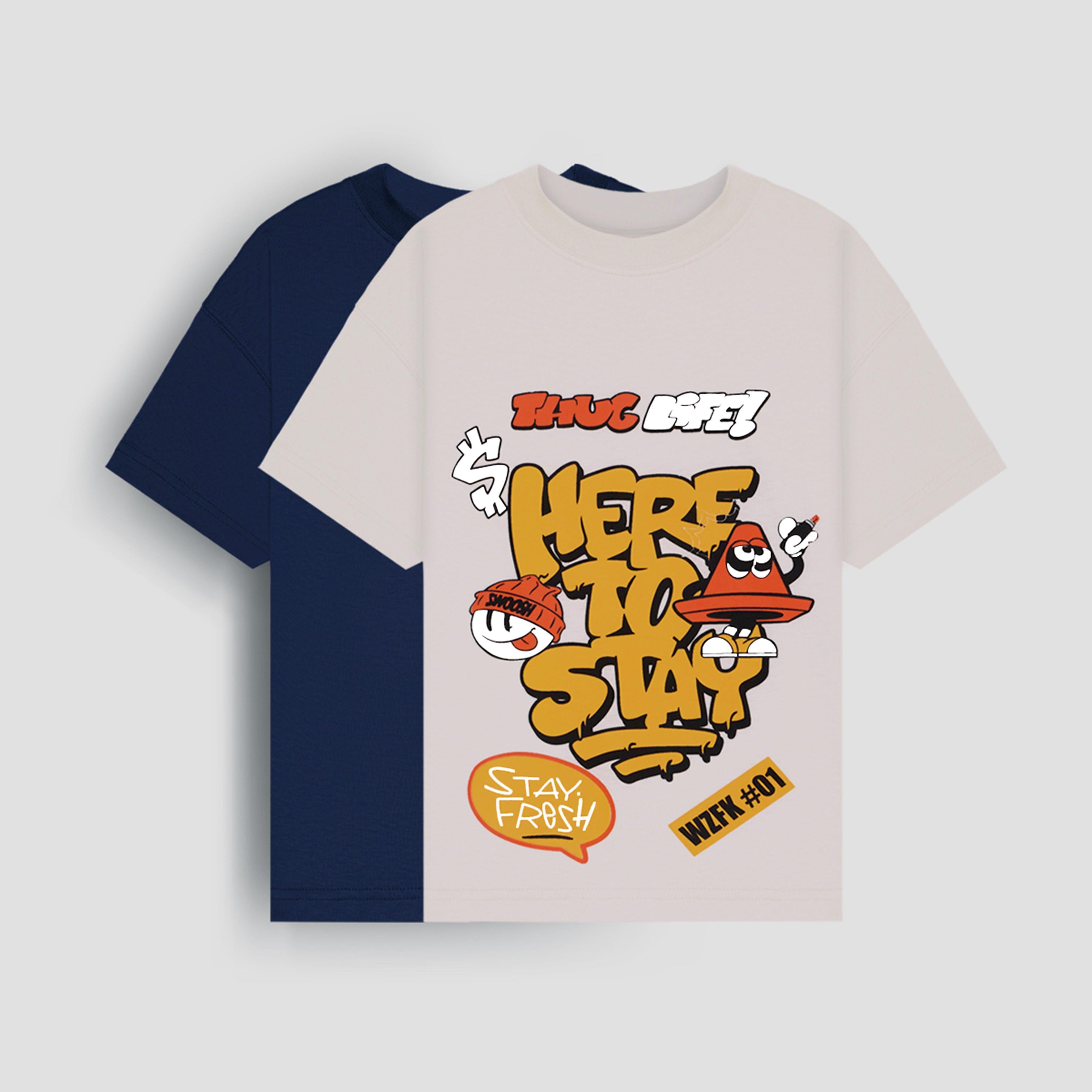 %100 Pamuk İkili Here To Stay Baskılı Tişört İkili Erkek Çocuk Oversize Tişört