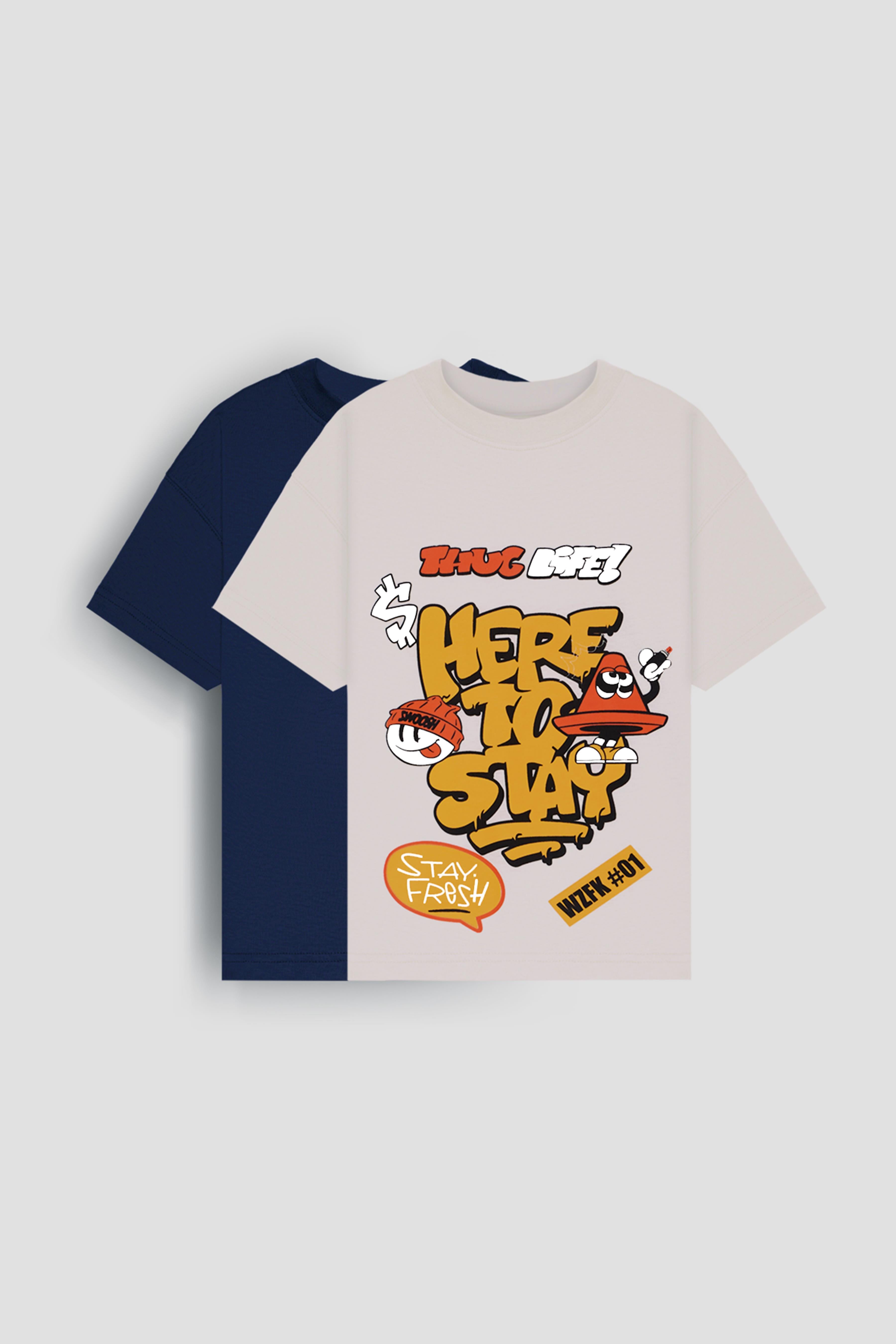 %100 Pamuk İkili Here To Stay Baskılı Tişört İkili Erkek Çocuk Oversize Tişört