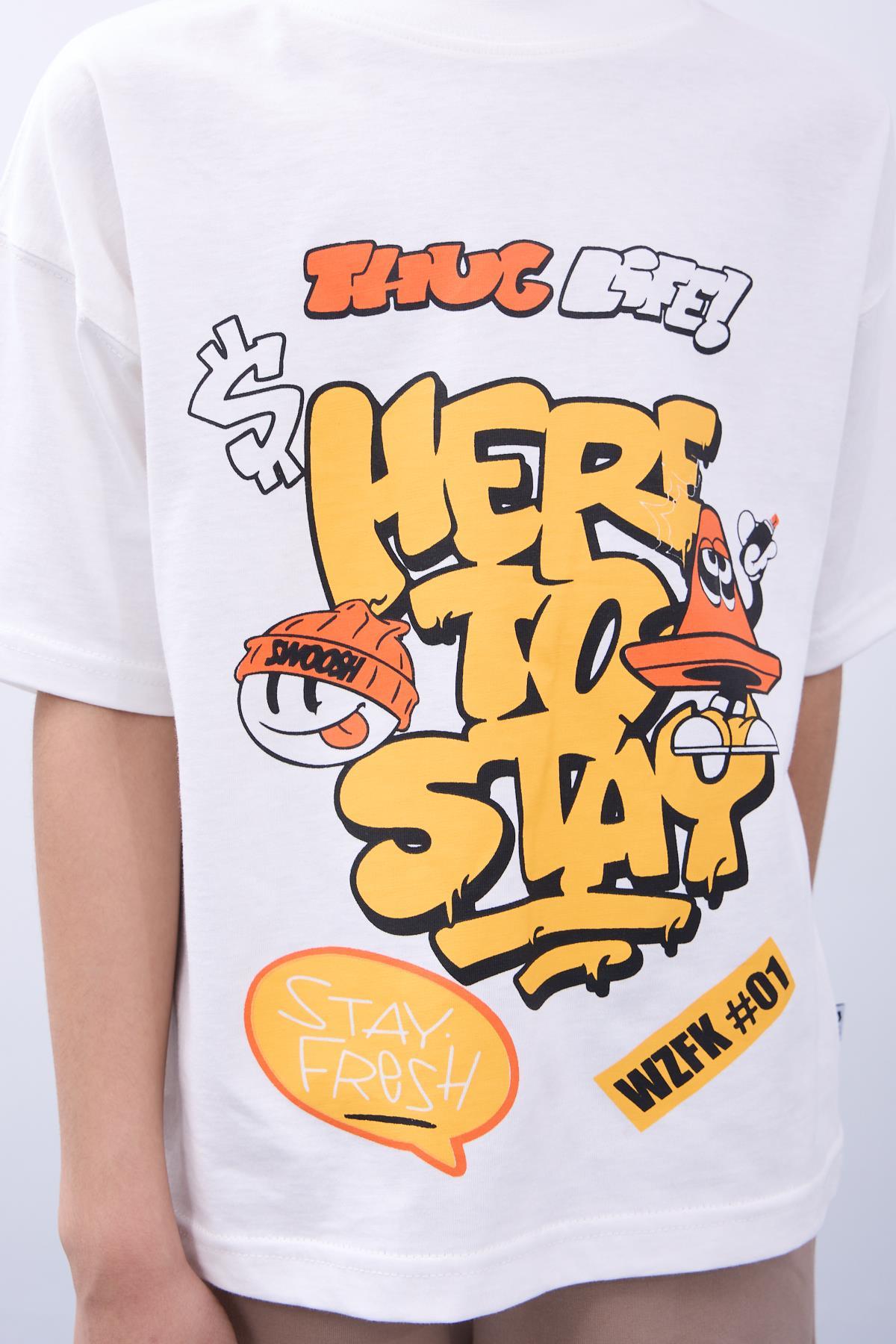 %100 Pamuk İkili Here To Stay Baskılı Tişört İkili Erkek Çocuk Oversize Tişört