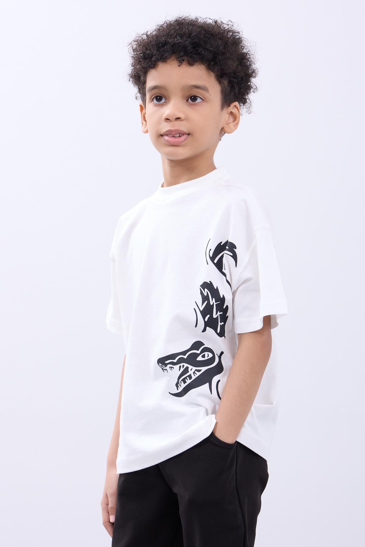 %100 Pamuk İkili Timsah Baskılı Tişört İkili Erkek Çocuk Oversize Tişört
