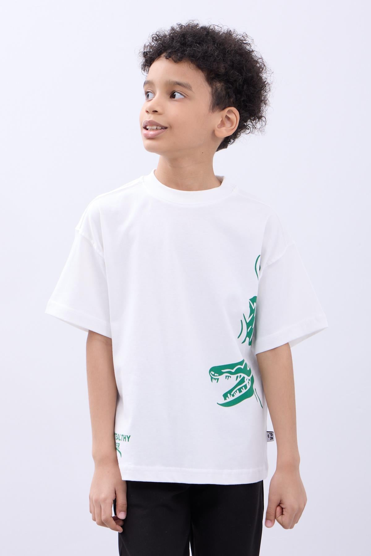 %100 Pamuk İkili Timsah Baskılı Tişört İkili Erkek Çocuk Oversize Tişört