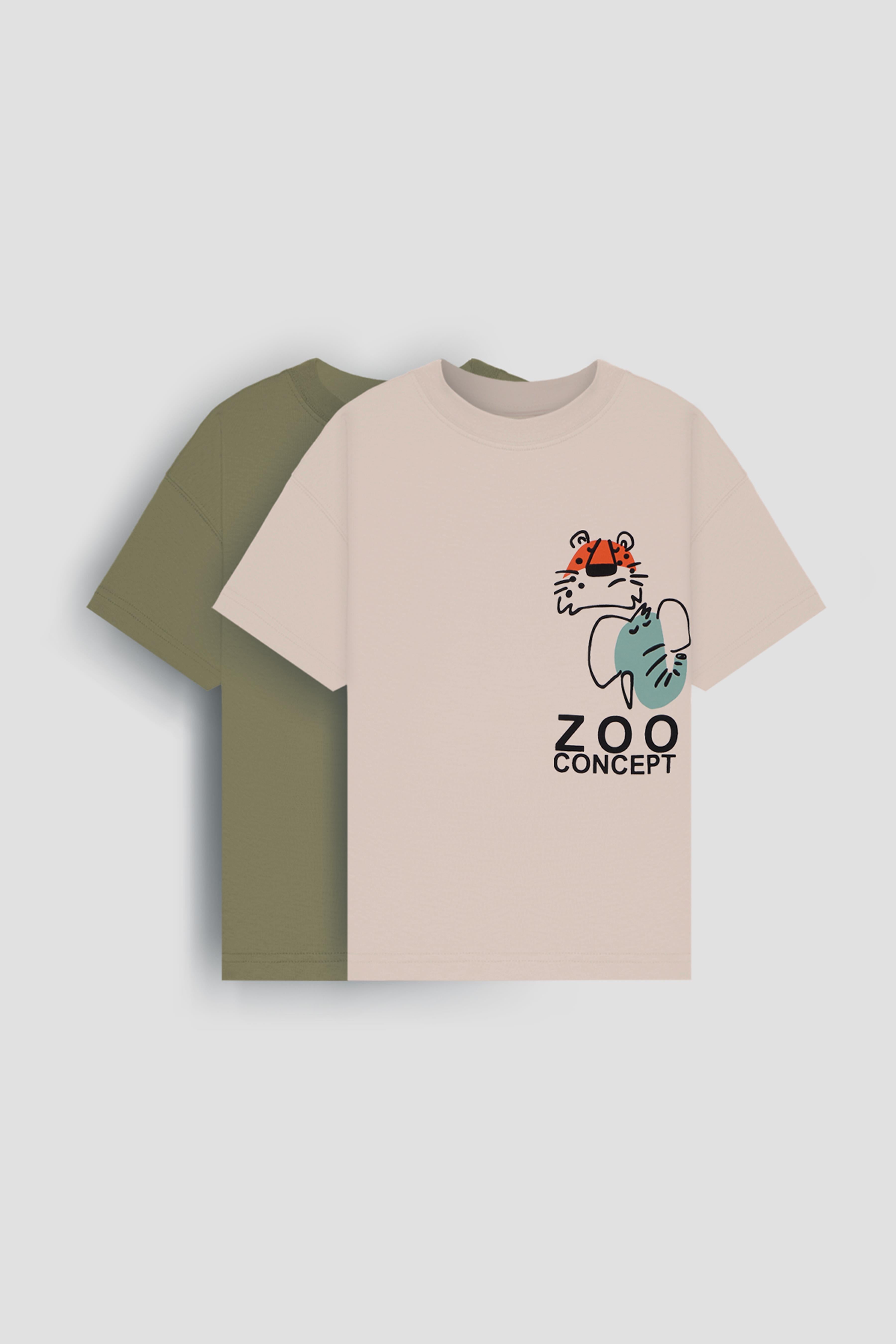 %100 Pamuk İkili Zoo Baskılı Tişört İkili Erkek Çocuk Oversize Tişört