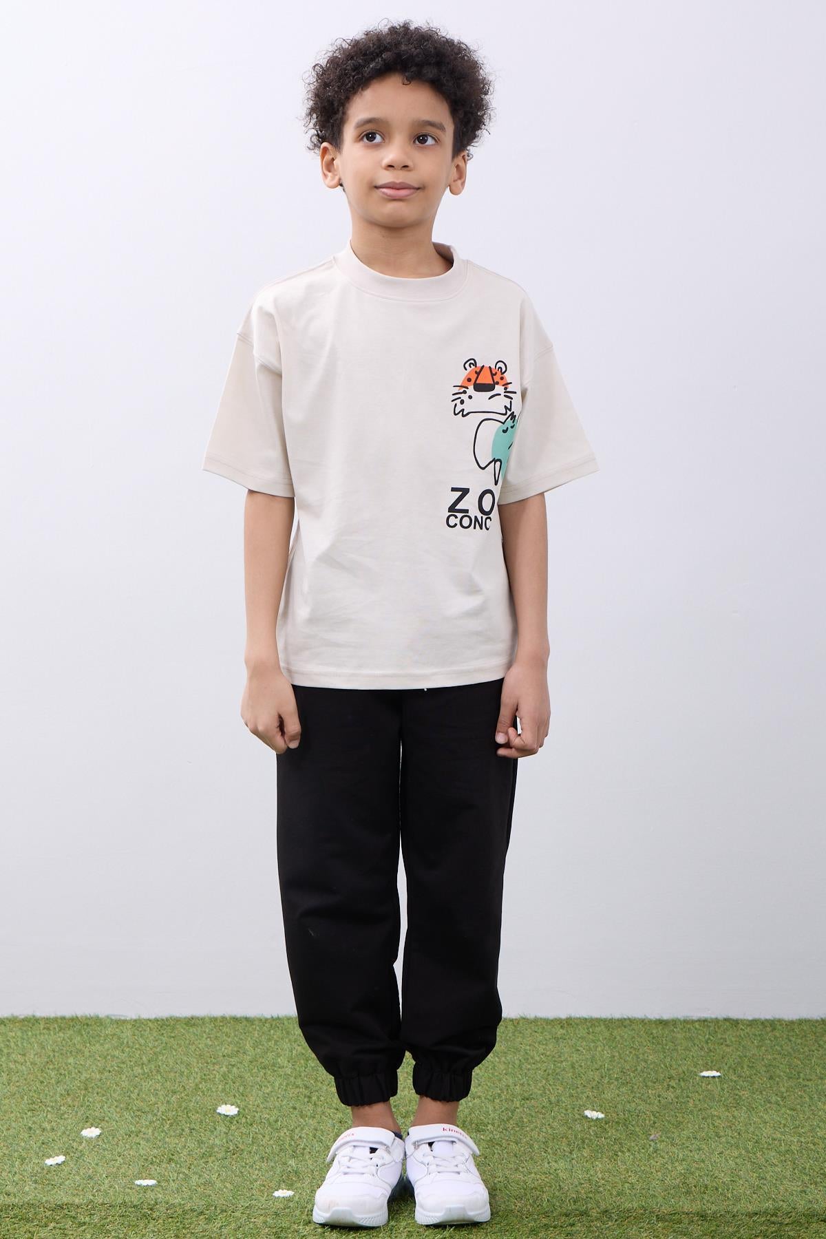 %100 Pamuk İkili Zoo Baskılı Tişört İkili Erkek Çocuk Oversize Tişört