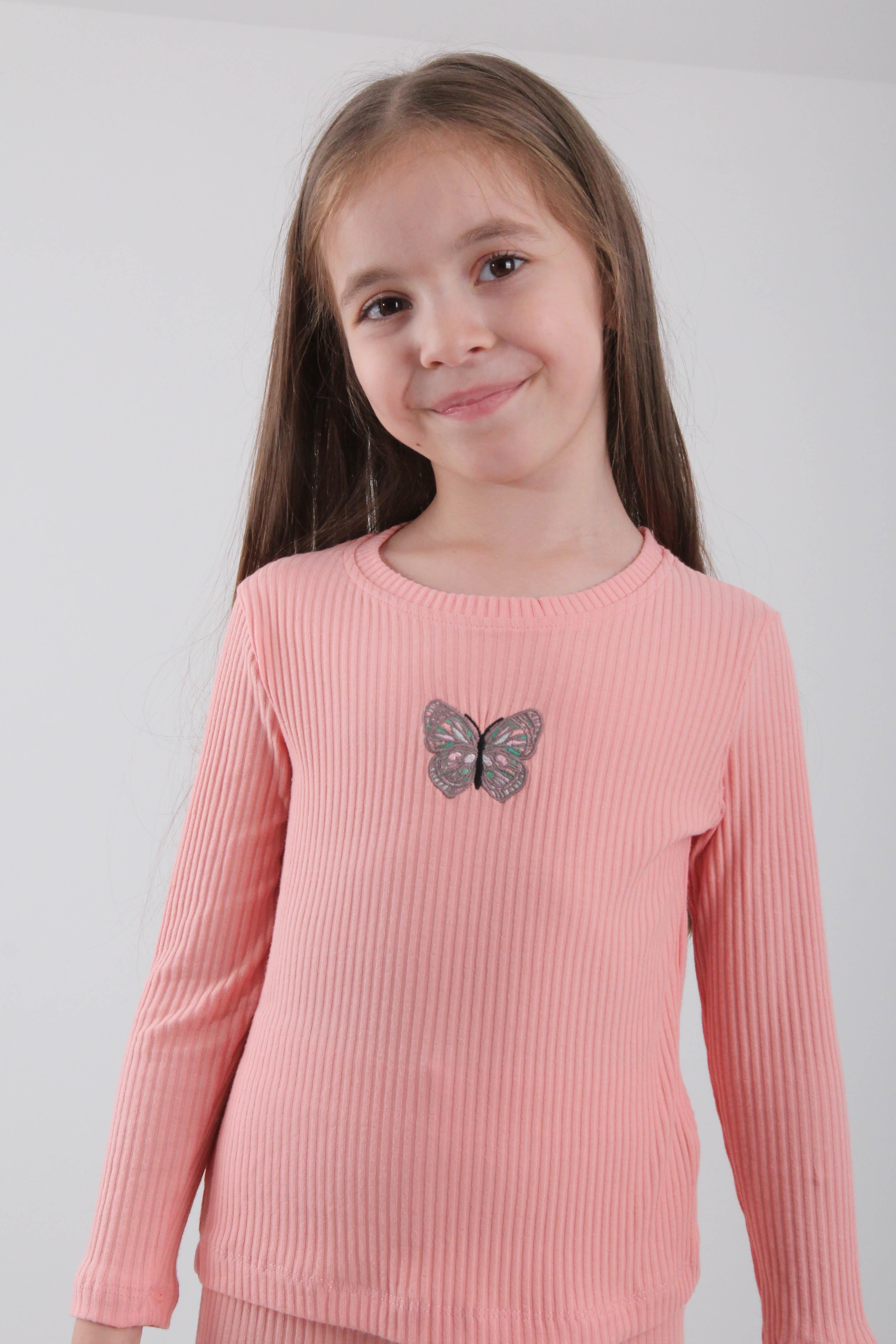 %100 Pamuklu Kelebek Nakışlı Kız Çocuk Sweatshirt