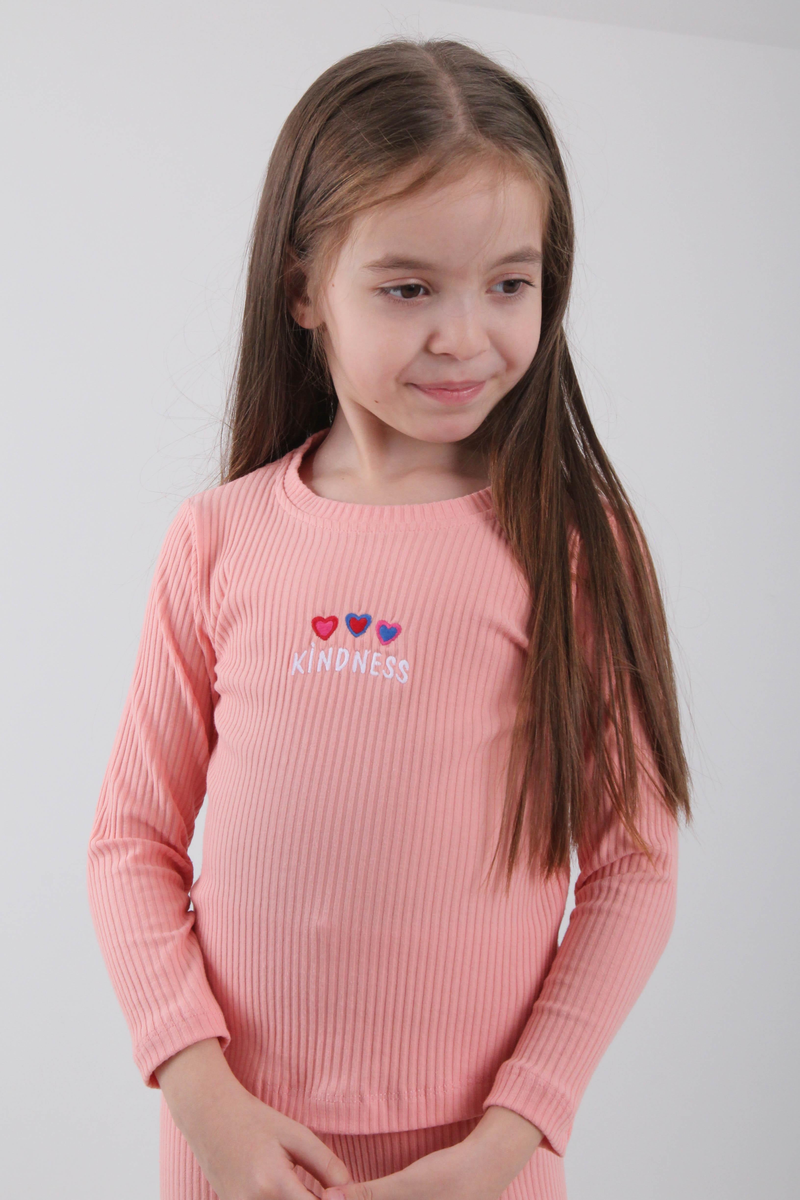 %100 Pamuklu Kindness ve Kalp Nakışlı Kız Çocuk Sweatshirt