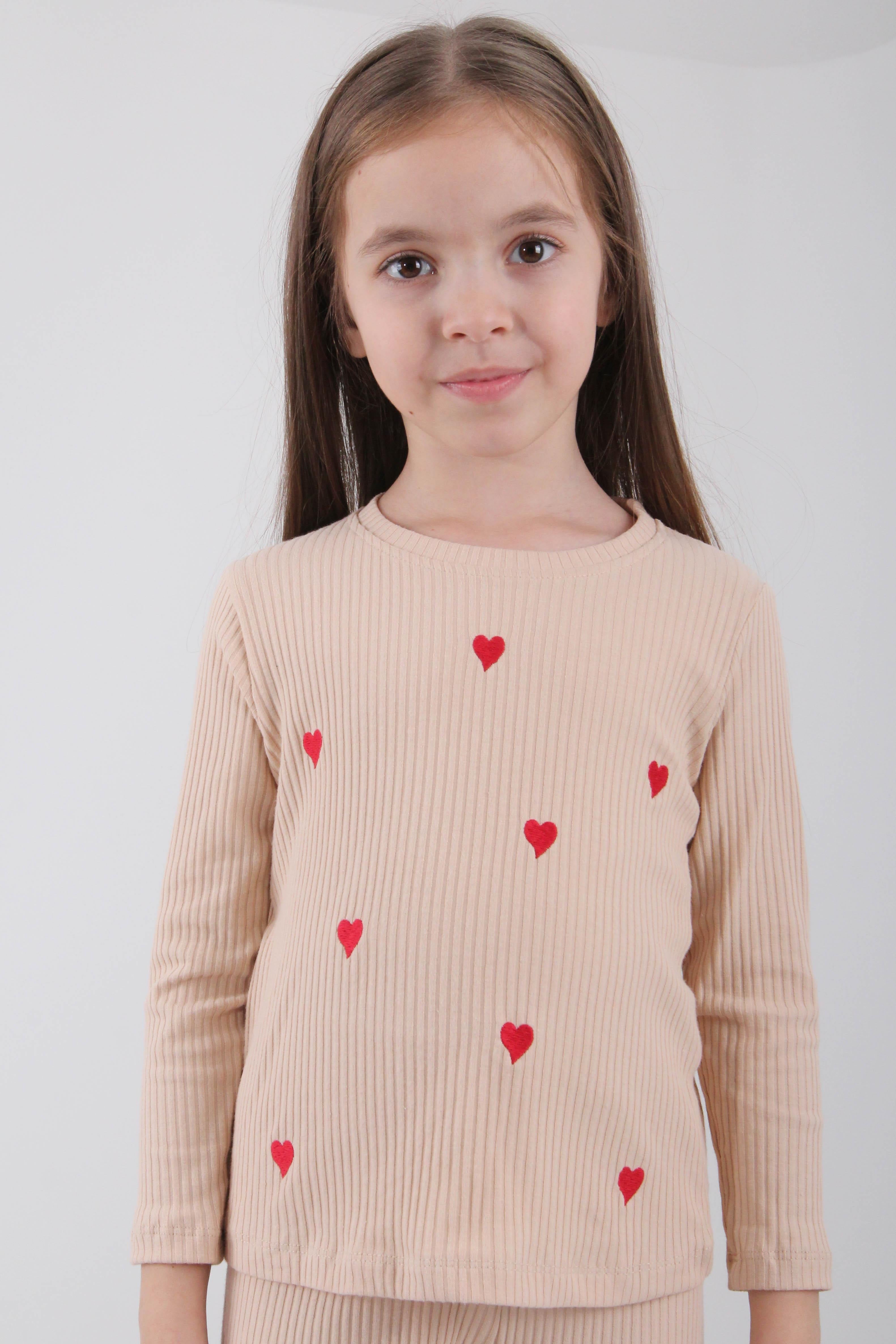 %100 Pamuklu Minik Kalp Nakışlı Kız Çocuk Sweatshirt