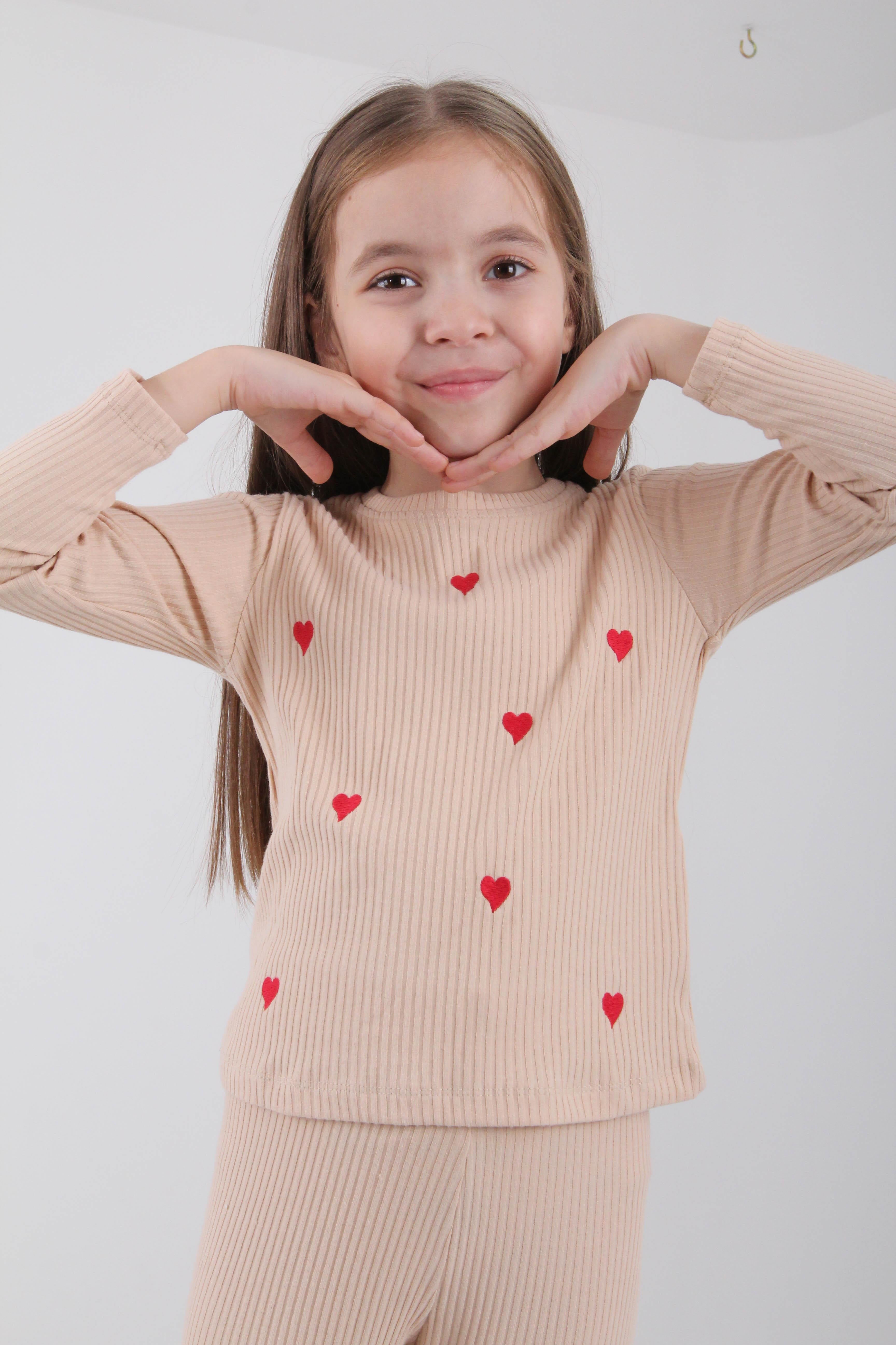 %100 Pamuklu Minik Kalp Nakışlı Kız Çocuk Sweatshirt