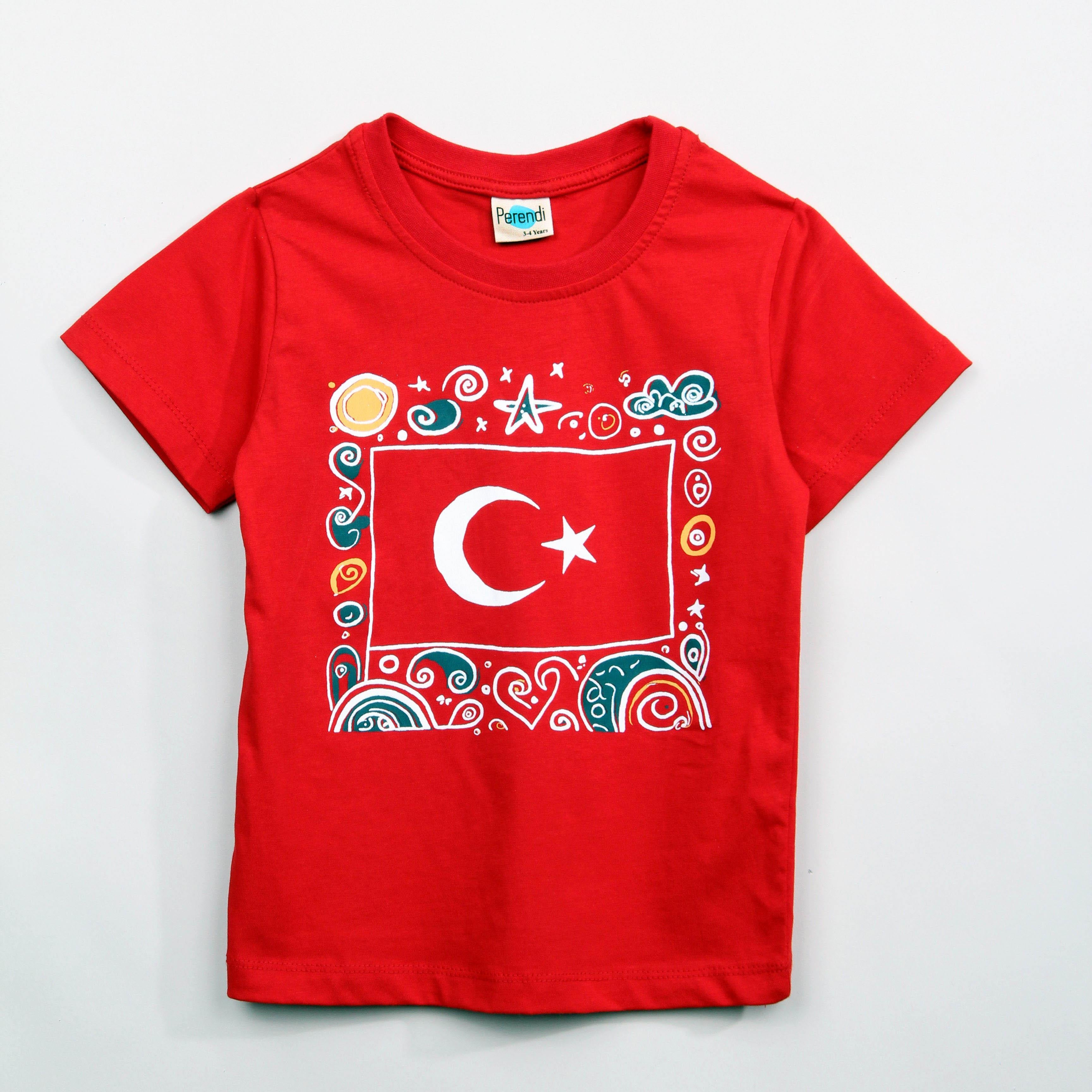 %100 Pamuklu Türk Bayraklı Kız Erkek Çocuk Tişört 23 Nisan 29 Ekim Bayramı