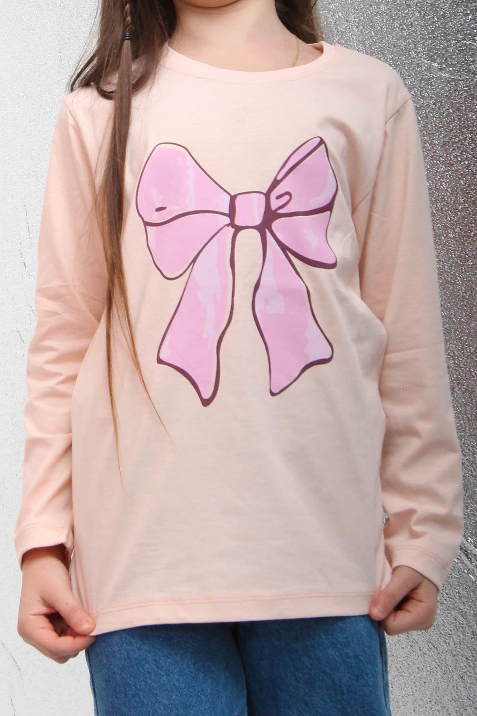 %100 Pamuklu Uzun Kollu Fiyonk Baskılı Kız Çocuk Tshirt