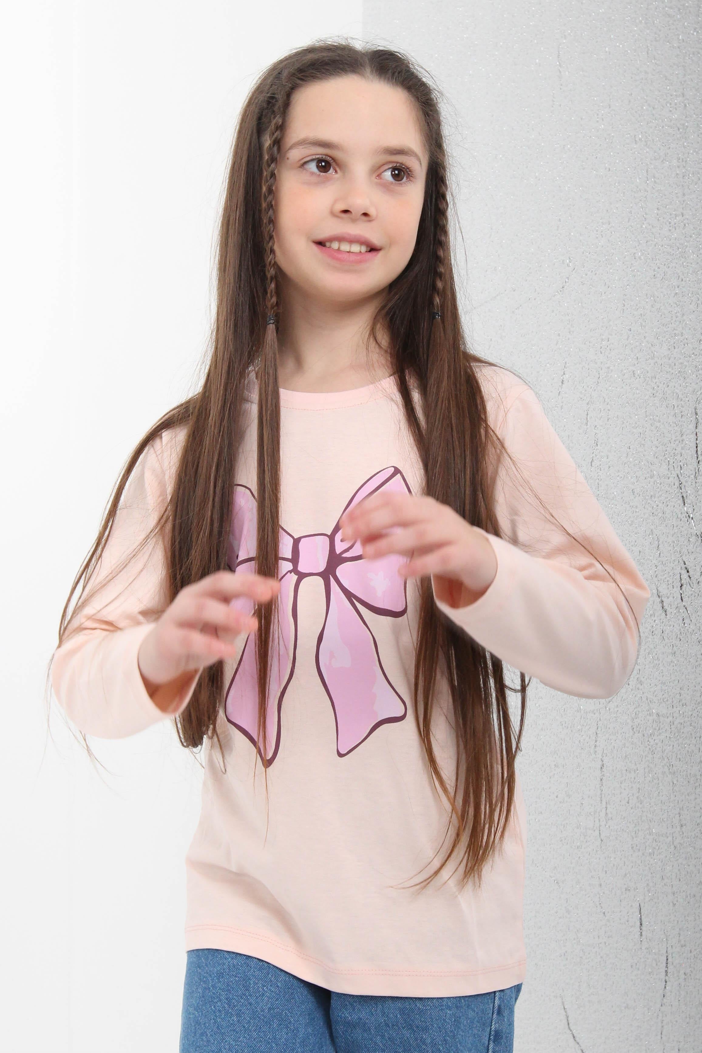 %100 Pamuklu Uzun Kollu Fiyonk Baskılı Kız Çocuk Tshirt