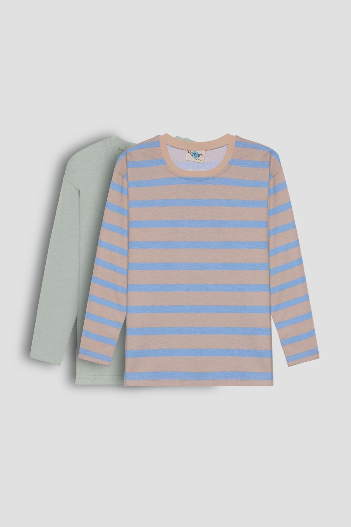 2'li Bisiklet Yaka Uzun Kollu Çizgili Ve Düz Unisex Çocuk Tshirt