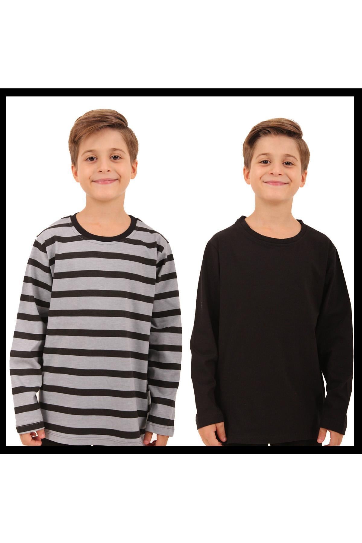 2'li Bisiklet Yaka Uzun Kollu Çizgili Ve Düz Unisex Çocuk Tshirt