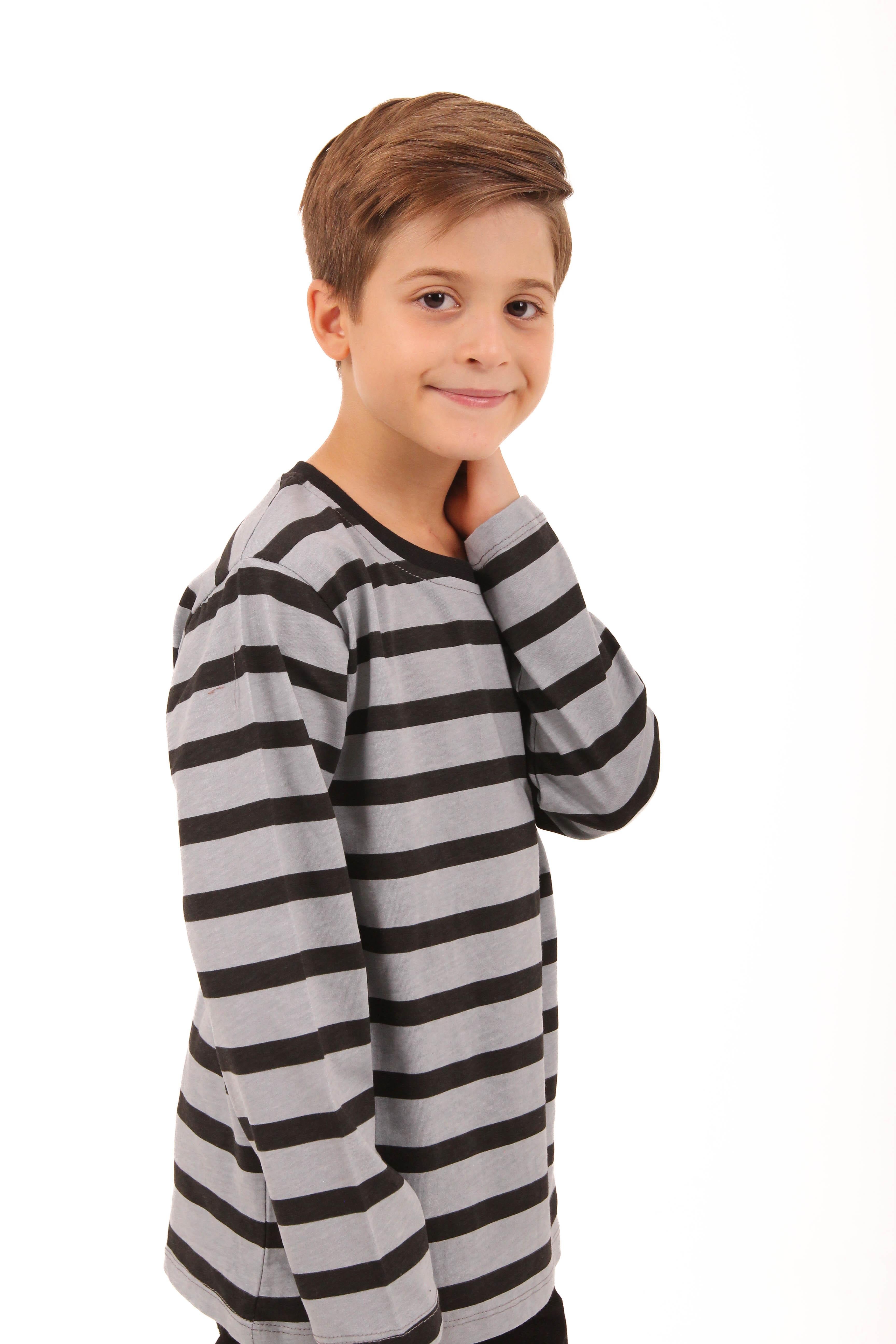2'li Bisiklet Yaka Uzun Kollu Çizgili Ve Düz Unisex Çocuk Tshirt