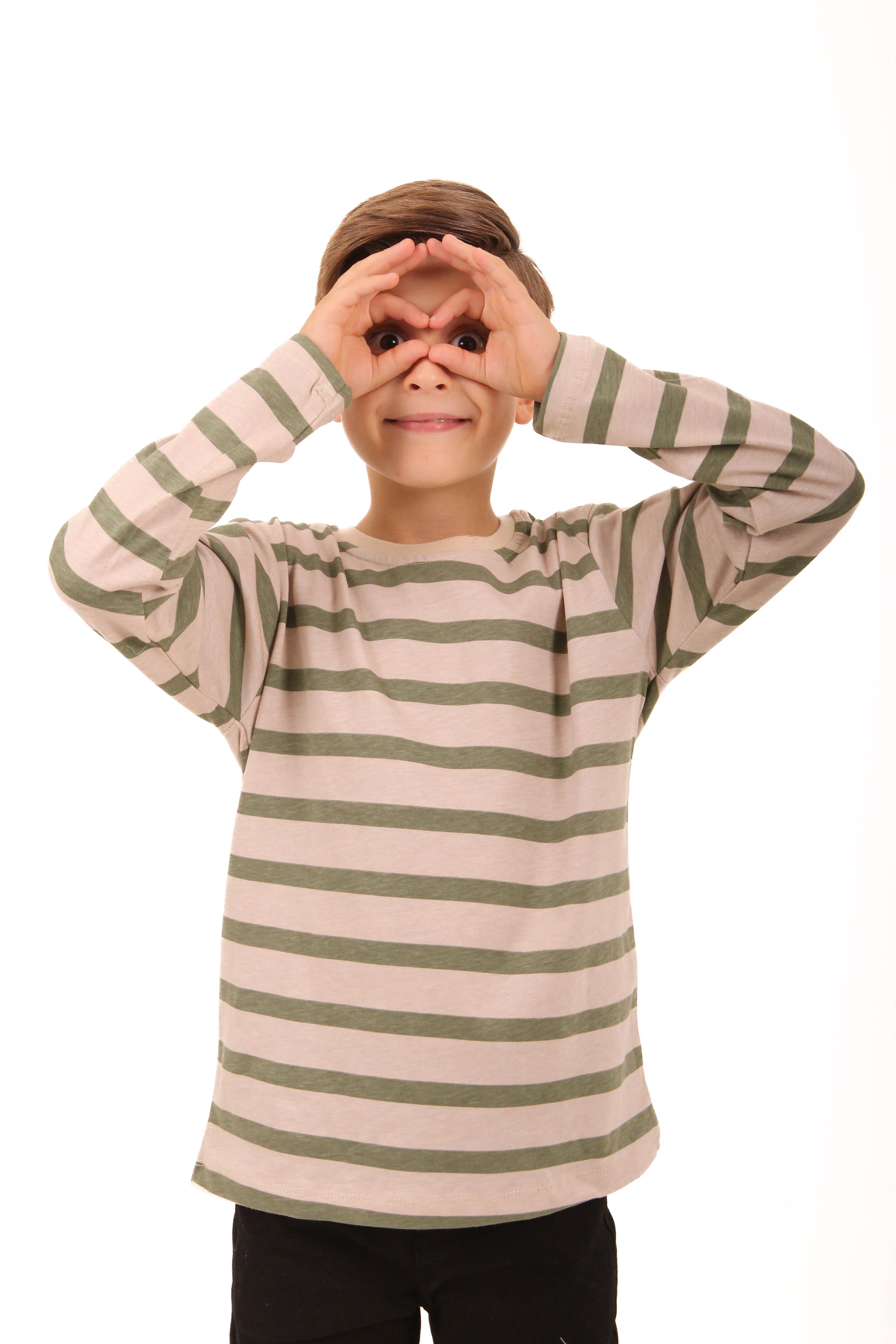 2'li Bisiklet Yaka Uzun Kollu Çizgili Ve Düz Unisex Çocuk Tshirt