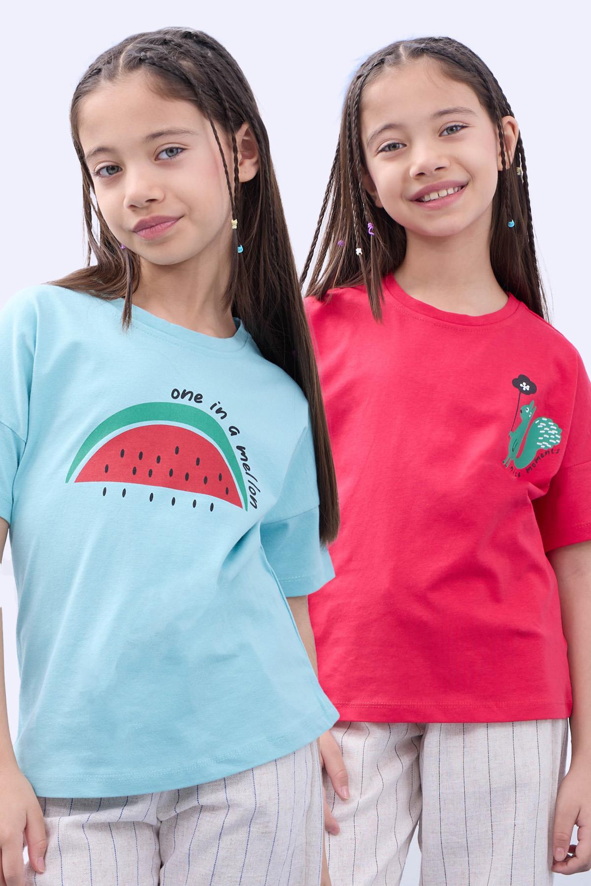 2'li Kısa Kollu Baskılı Unisex Çocuk Tshirt