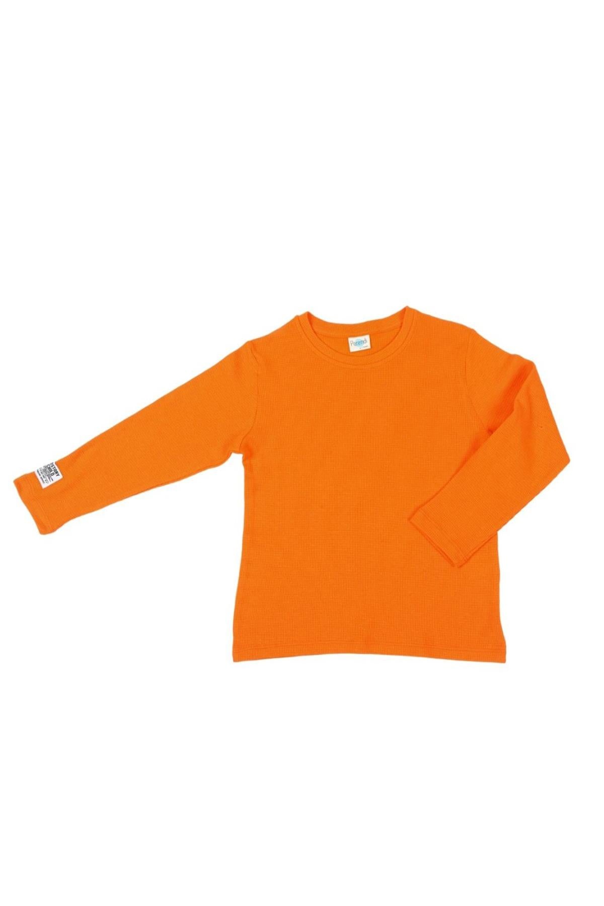 2'li Pamuk Waffle Uzun Kollu Unisex Çocuk Sweatshirt Turuncu-Bej