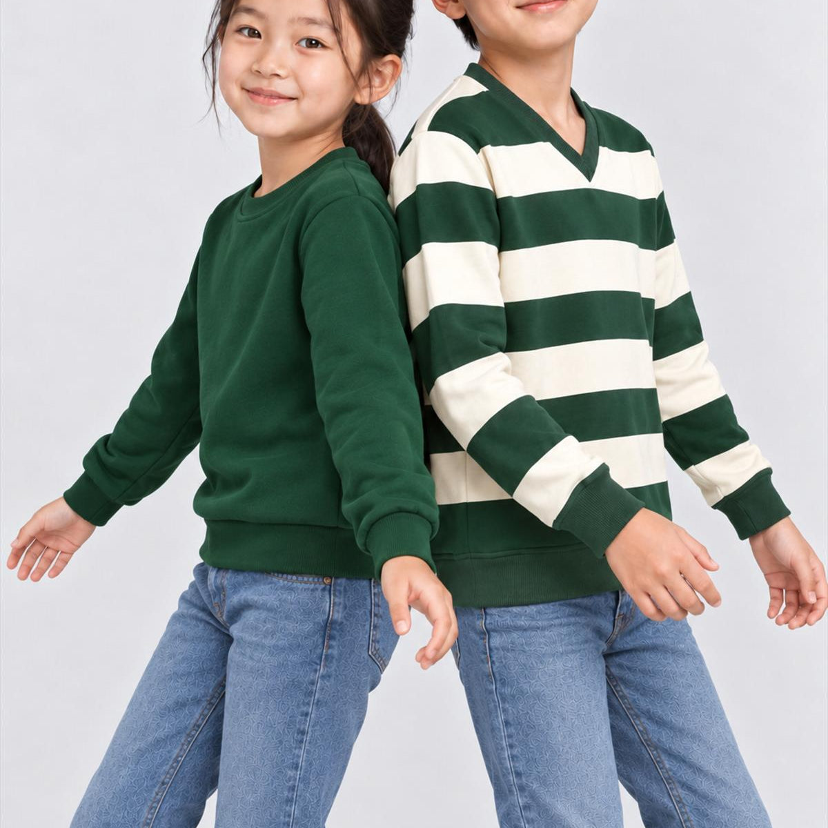 Unisex Çocuk 2'li Düz ve Çizgili Kışlık Sweatshirt Seti