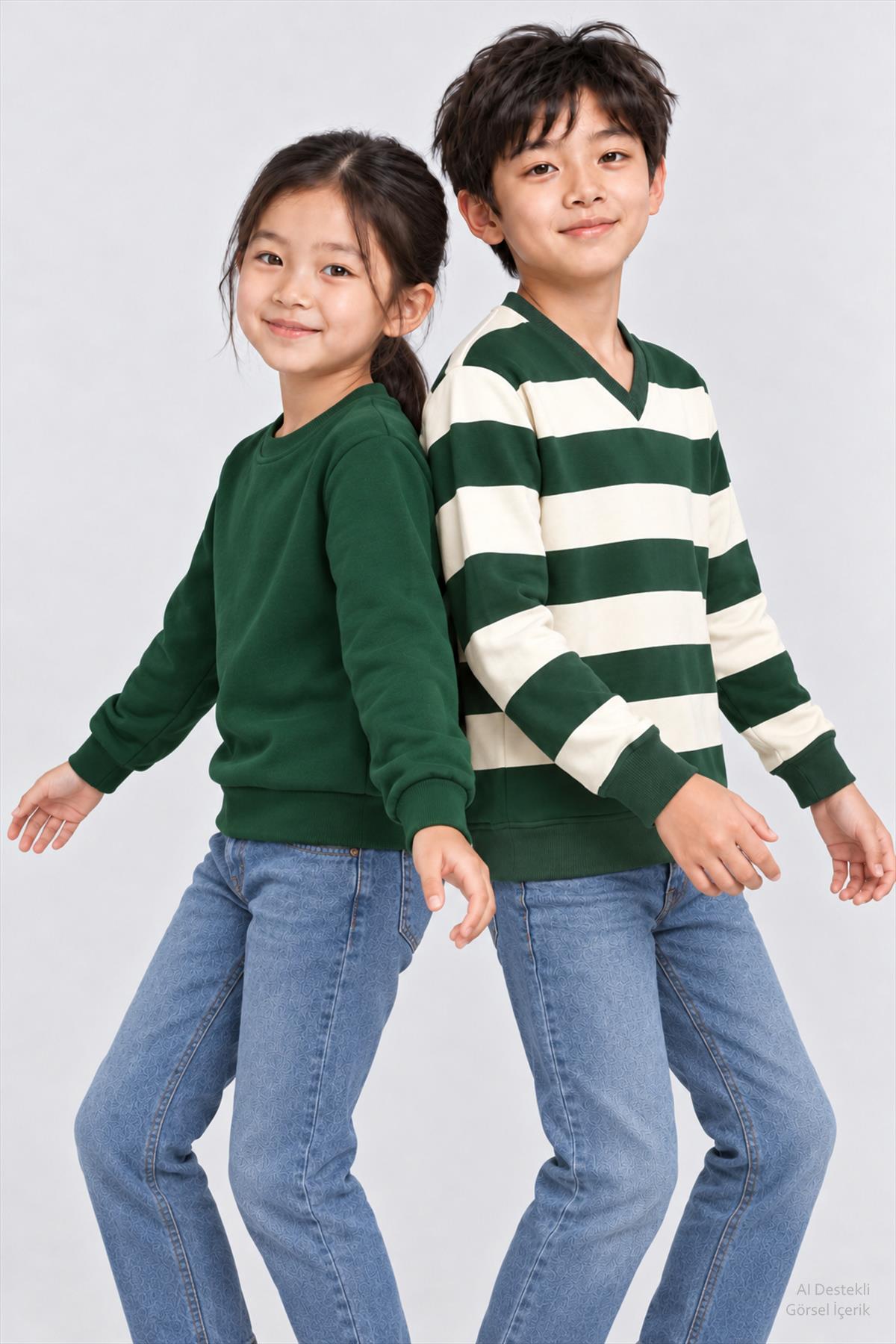 Unisex Çocuk 2'li Düz ve Çizgili Kışlık Sweatshirt Seti