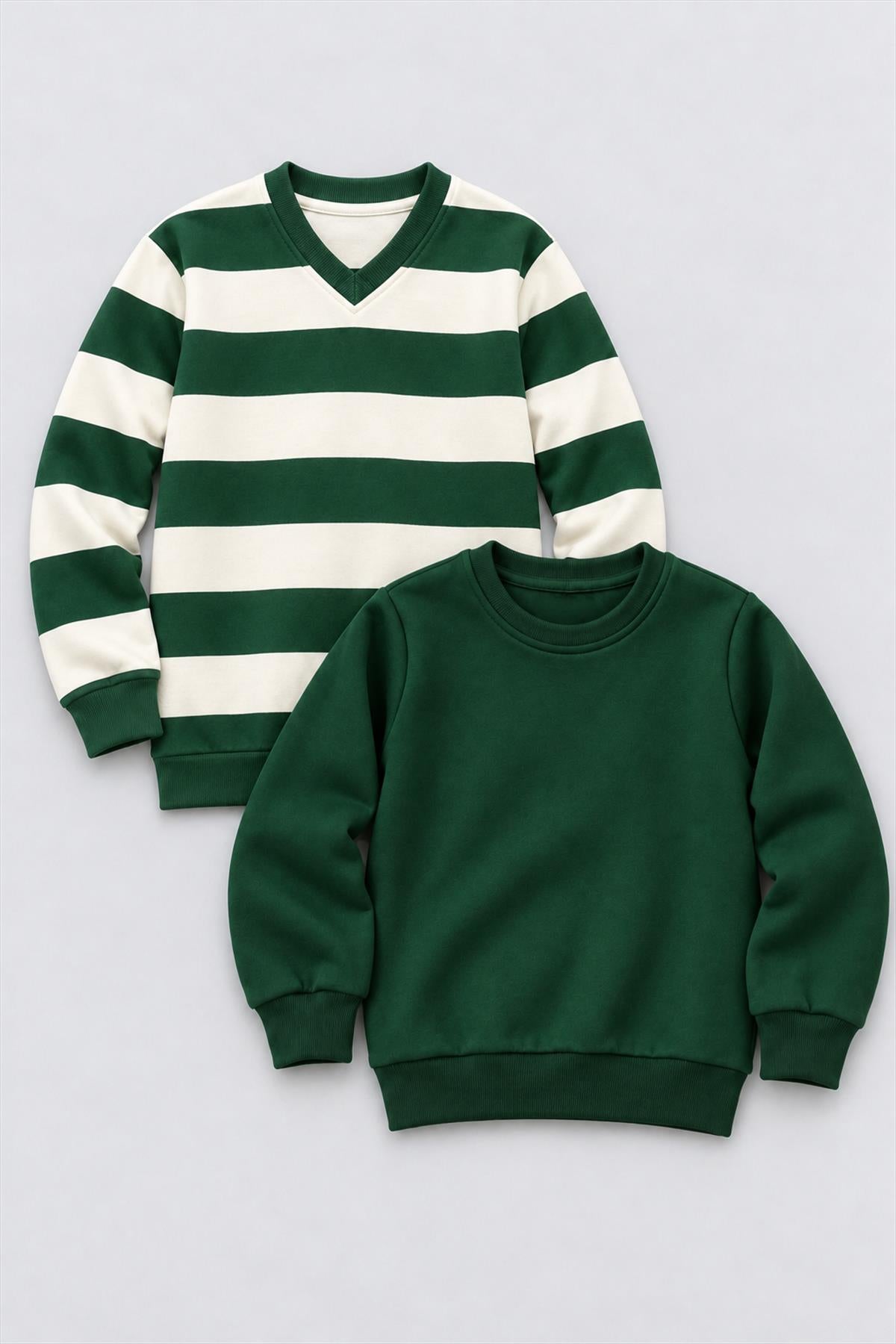 Unisex Çocuk 2'li Düz ve Çizgili Kışlık Sweatshirt Seti