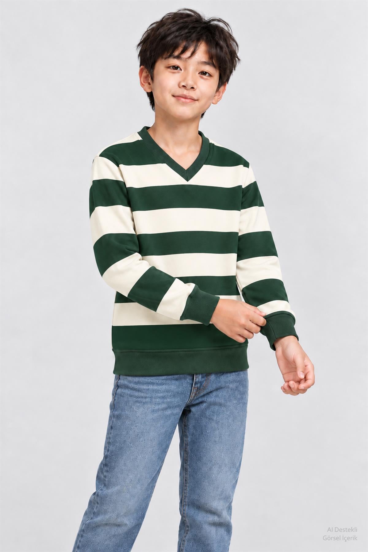 Unisex Çocuk 2'li Düz ve Çizgili Kışlık Sweatshirt Seti