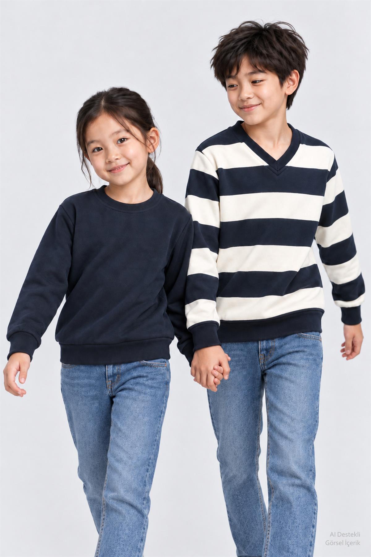Unisex Çocuk 2'li Düz ve Çizgili Kışlık Sweatshirt Seti