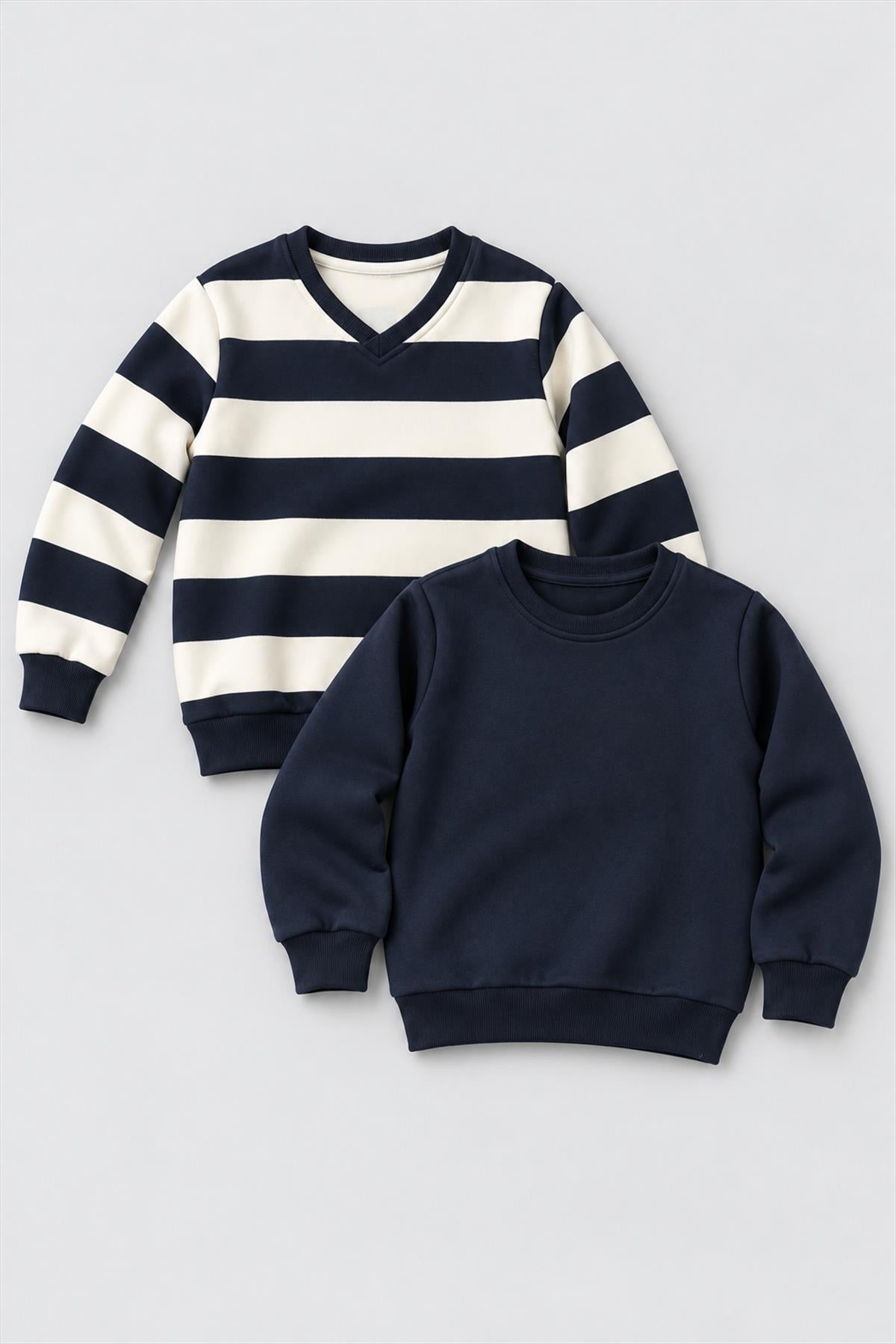 Unisex Çocuk 2'li Düz ve Çizgili Kışlık Sweatshirt Seti