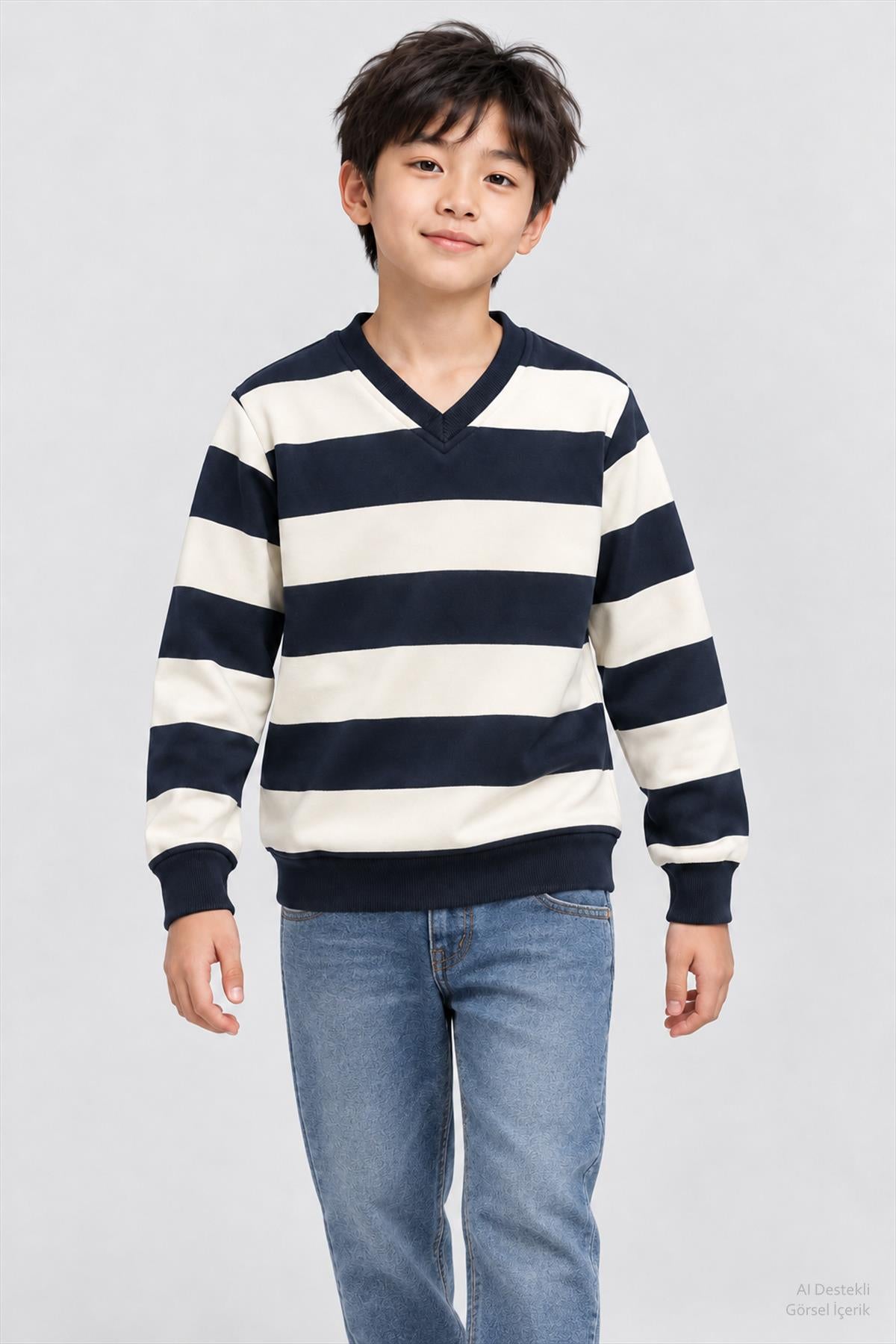 Unisex Çocuk 2'li Düz ve Çizgili Kışlık Sweatshirt Seti