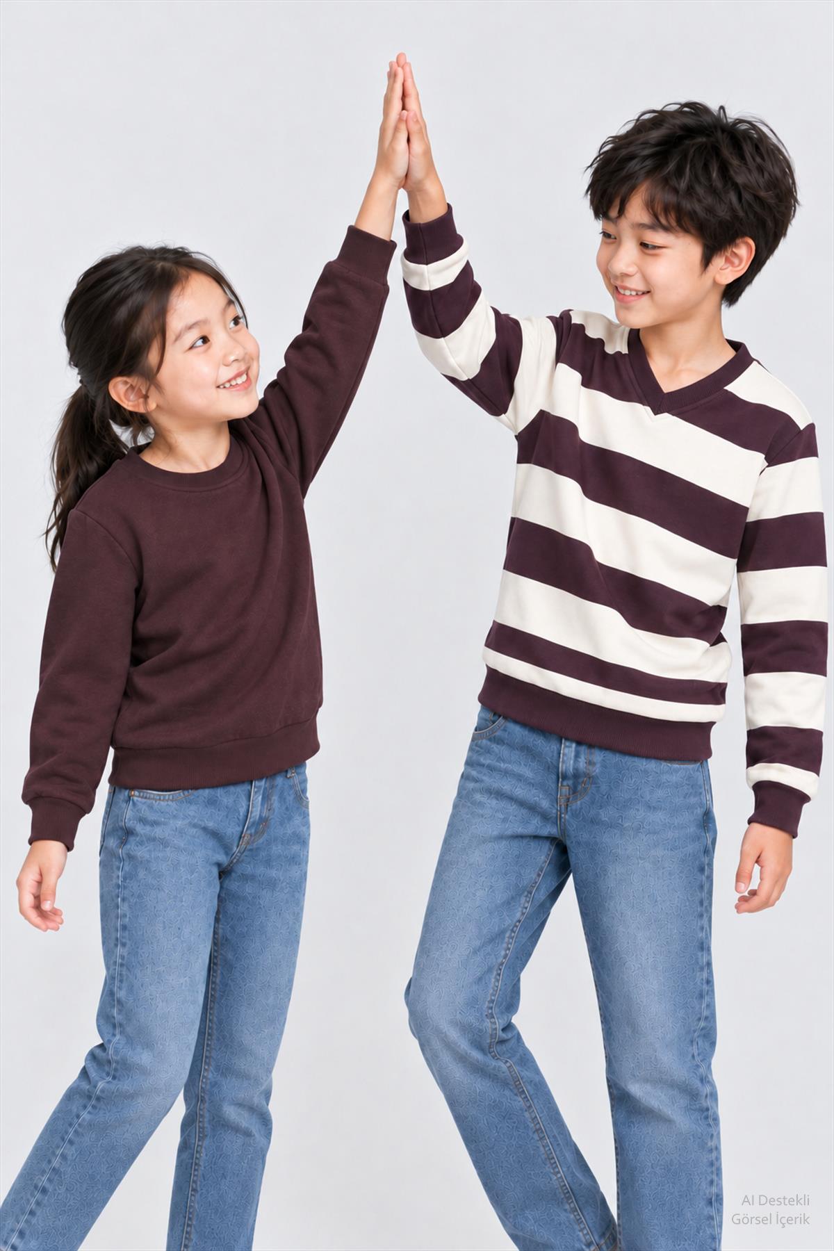 Unisex Çocuk 2'li Düz ve Çizgili Kışlık Sweatshirt Seti