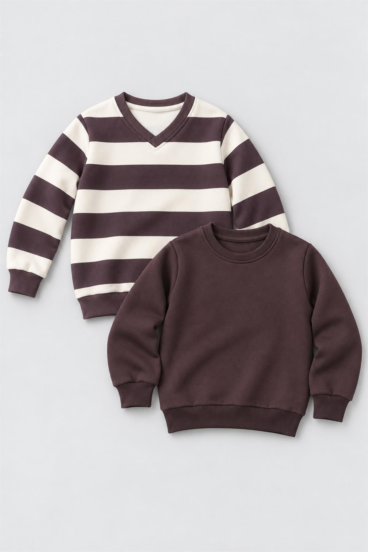 Unisex Çocuk 2'li Düz ve Çizgili Kışlık Sweatshirt Seti
