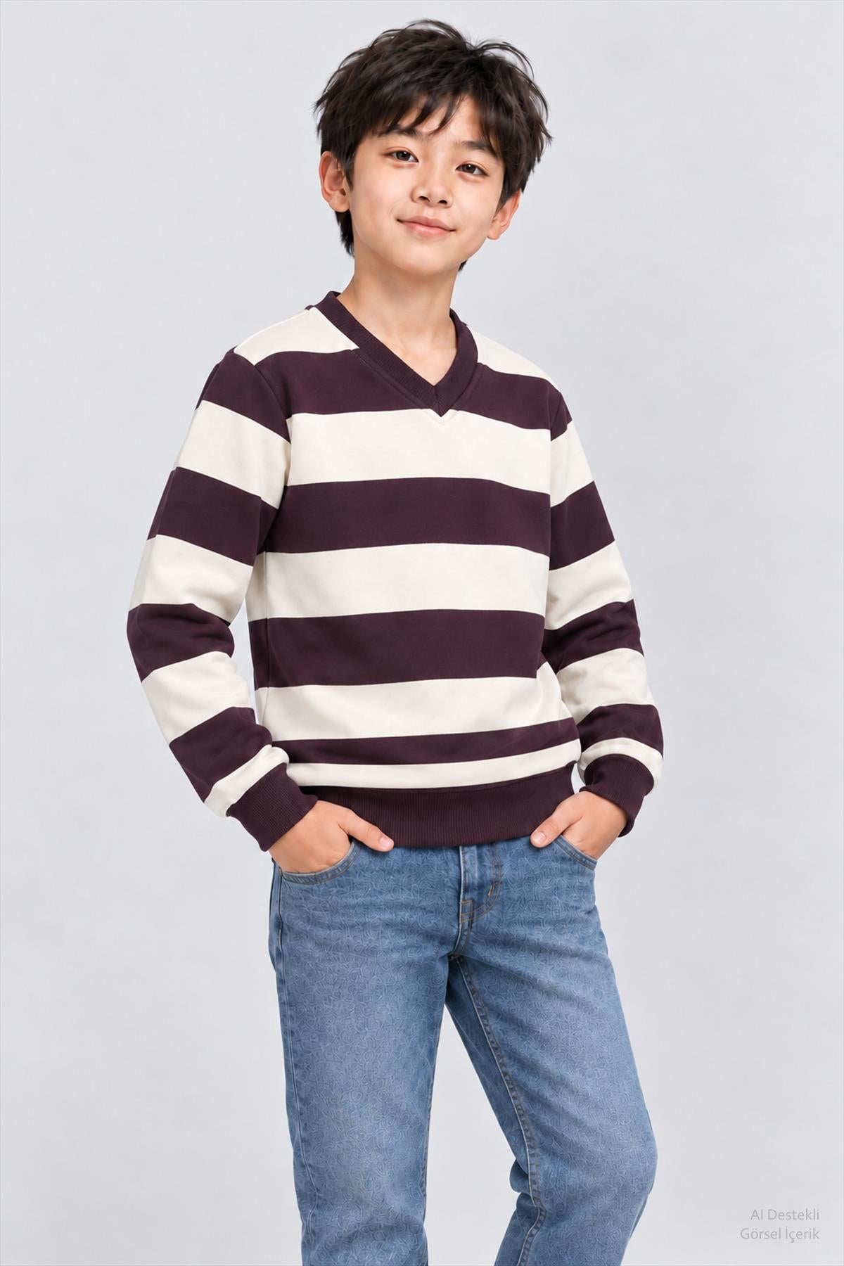 Unisex Çocuk 2'li Düz ve Çizgili Kışlık Sweatshirt Seti