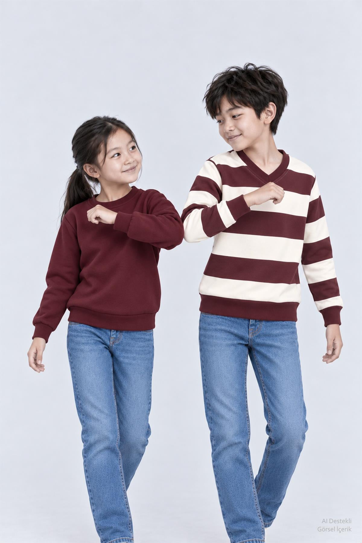 Unisex Çocuk 2'li Düz ve Çizgili Kışlık Sweatshirt Seti