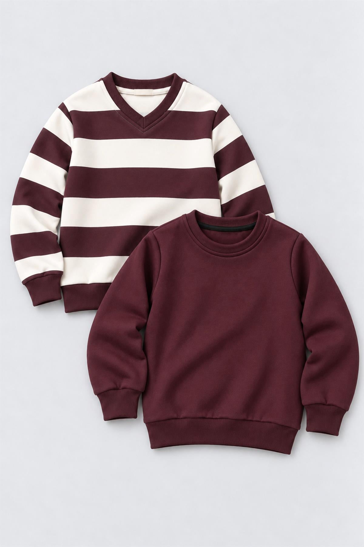 Unisex Çocuk 2'li Düz ve Çizgili Kışlık Sweatshirt Seti