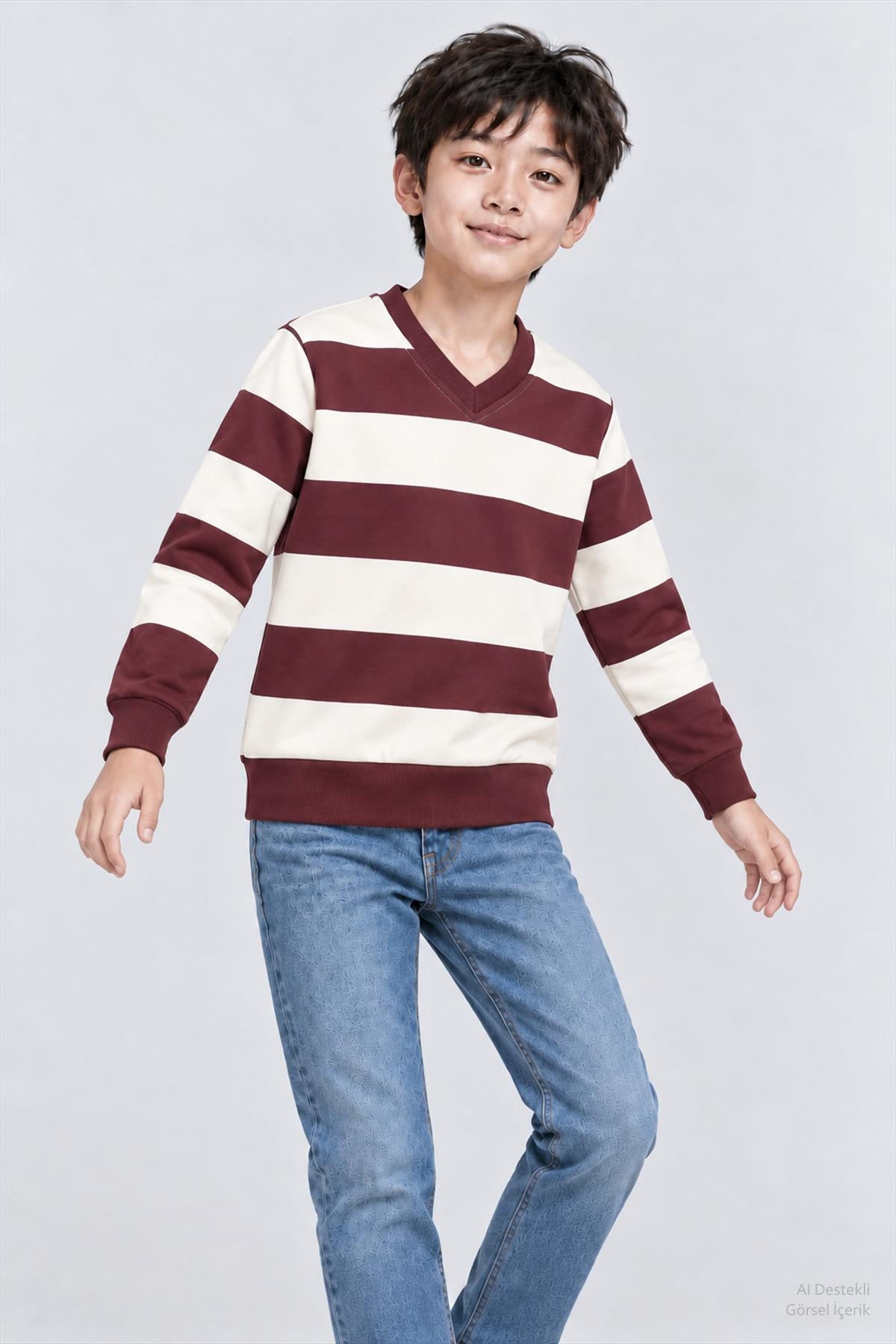 Unisex Çocuk 2'li Düz ve Çizgili Kışlık Sweatshirt Seti