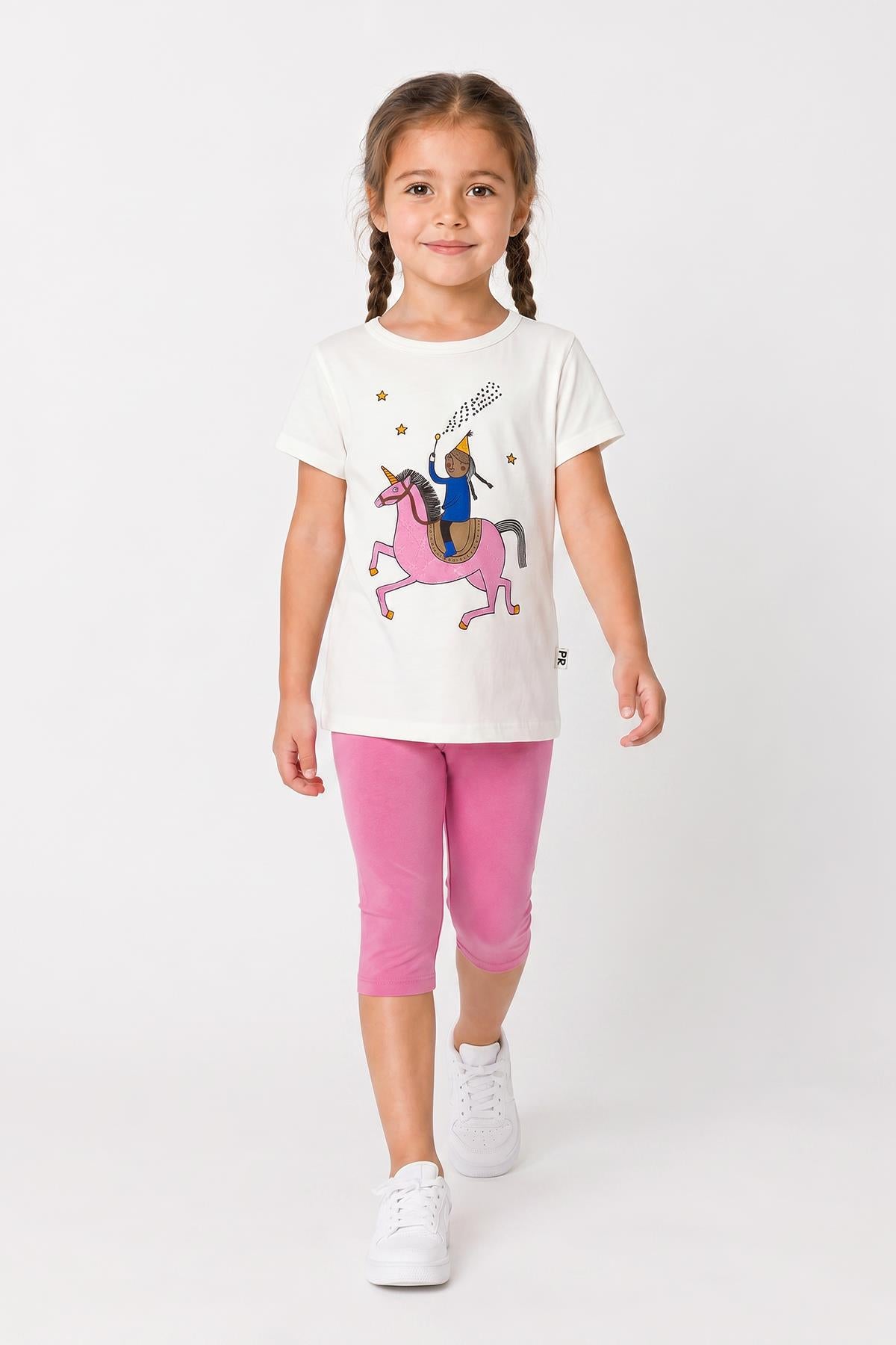 Kız Çocuk Unicorn Baskılı Kapri Taytlı Takım
