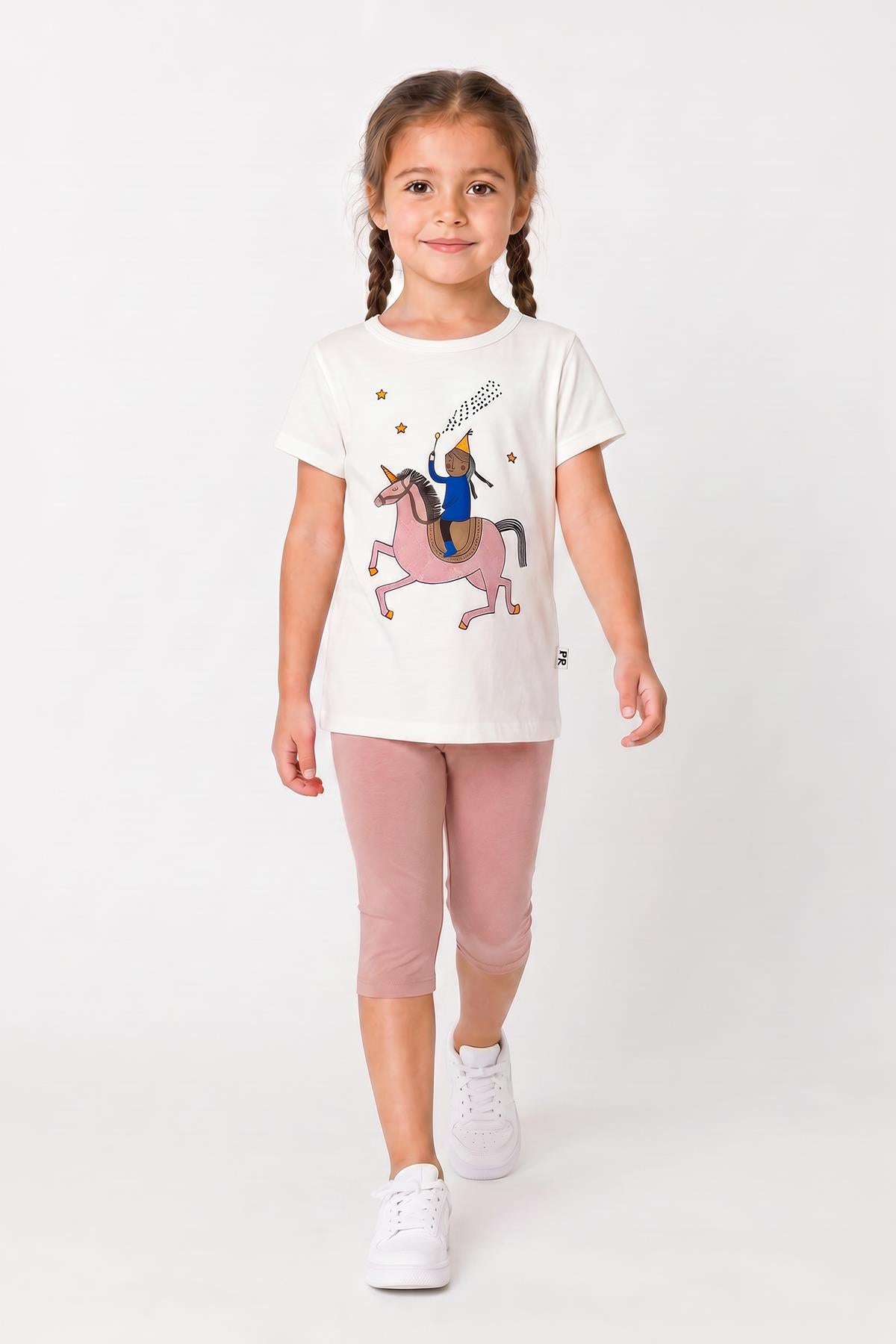 Kız Çocuk Unicorn Baskılı Kapri Taytlı Takım