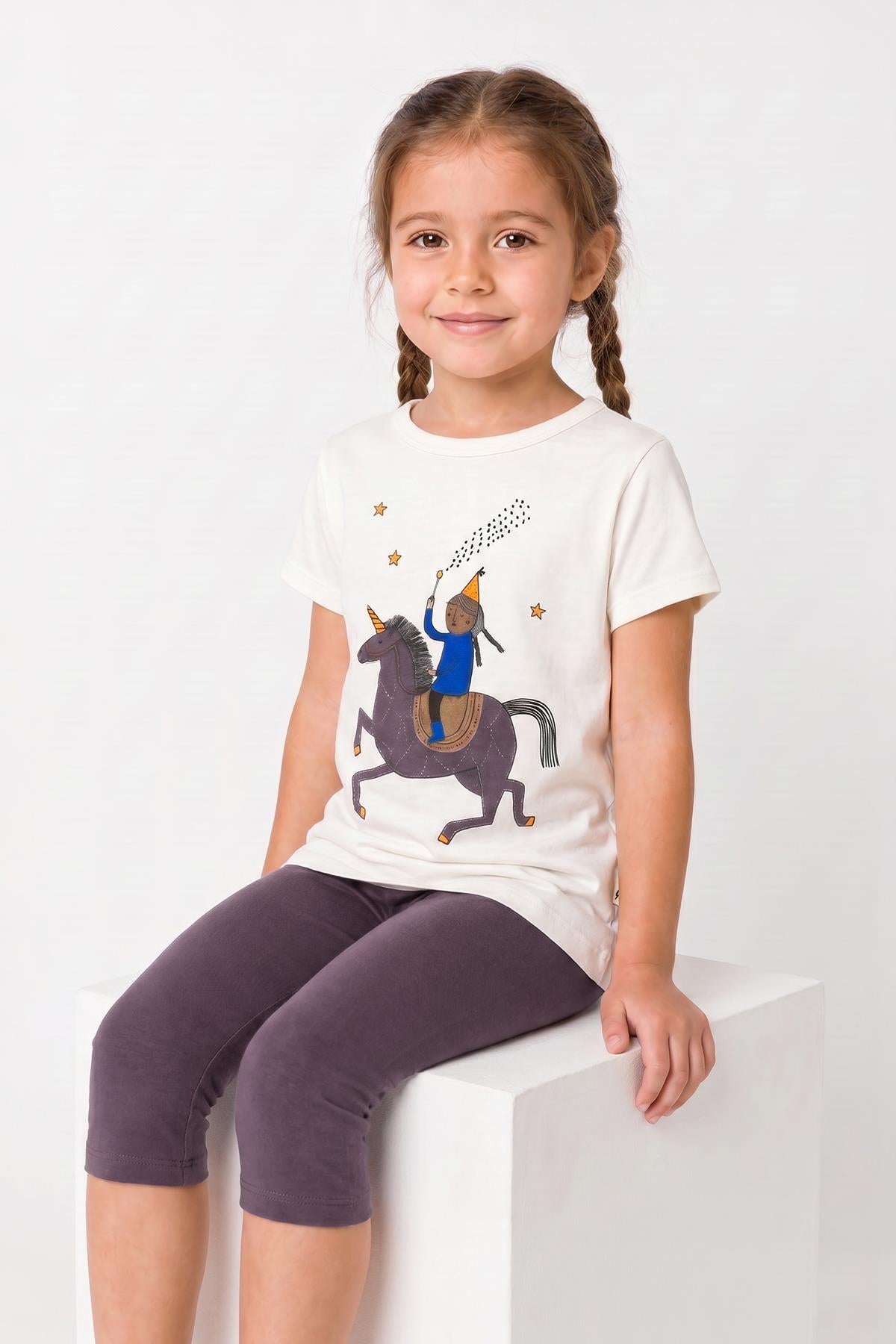 Kız Çocuk Unicorn Baskılı Kapri Taytlı Takım