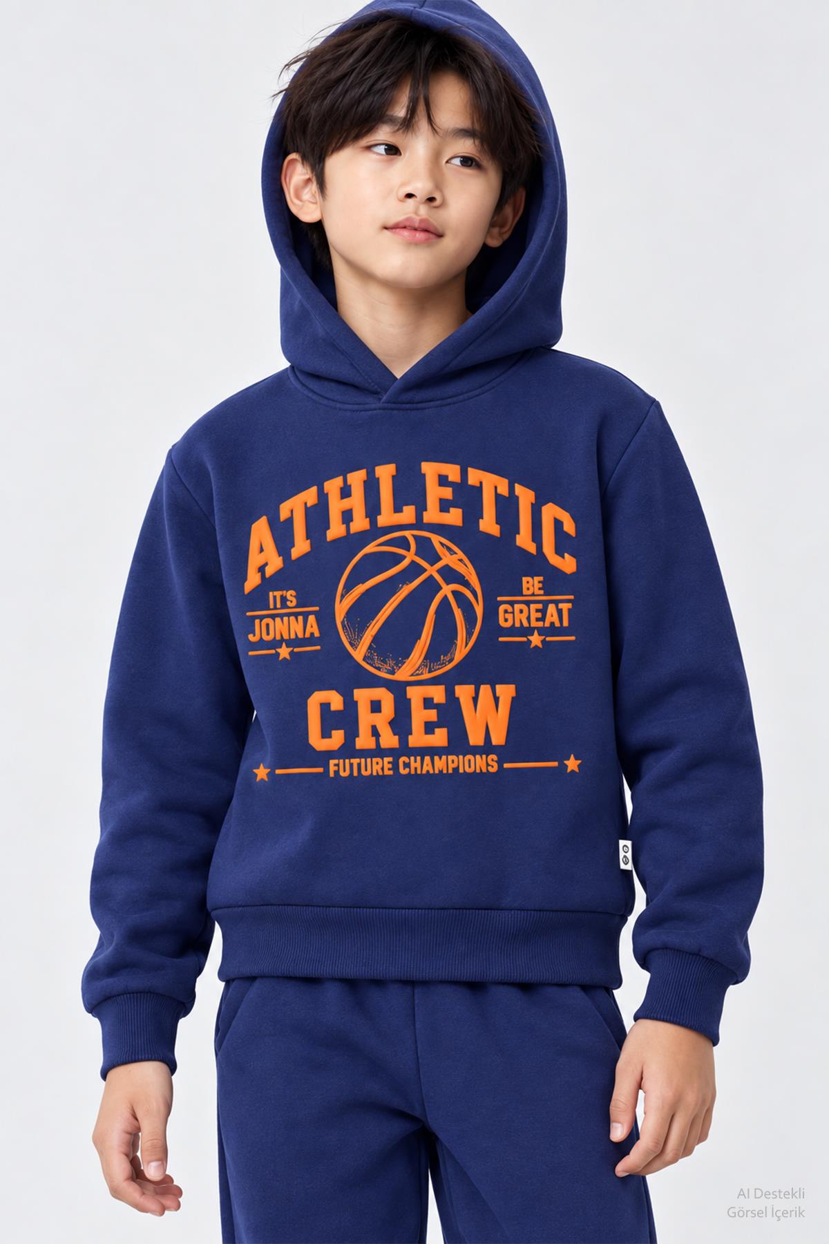 Erkek Çocuk Kapüşonlu Basketbol Baskılı Kışlık Eşofman Takımı