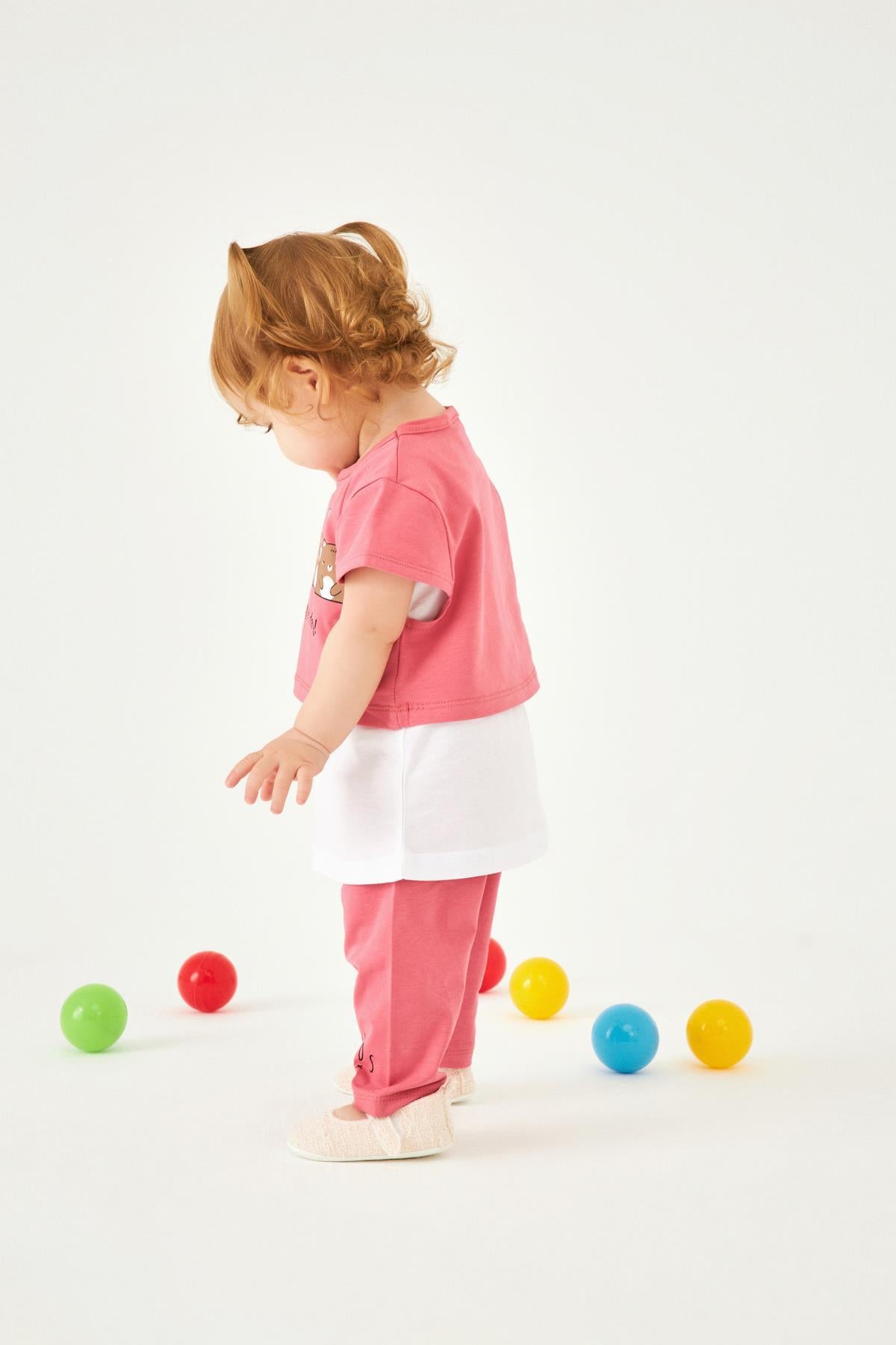 Ayıcık Desenli Atletli ve Taytlı Kız Çocuk Üçlü Takım