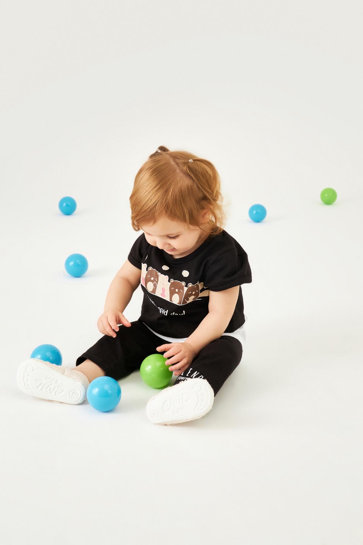 Ayıcık Desenli Atletli ve Taytlı Kız Çocuk Üçlü Takım