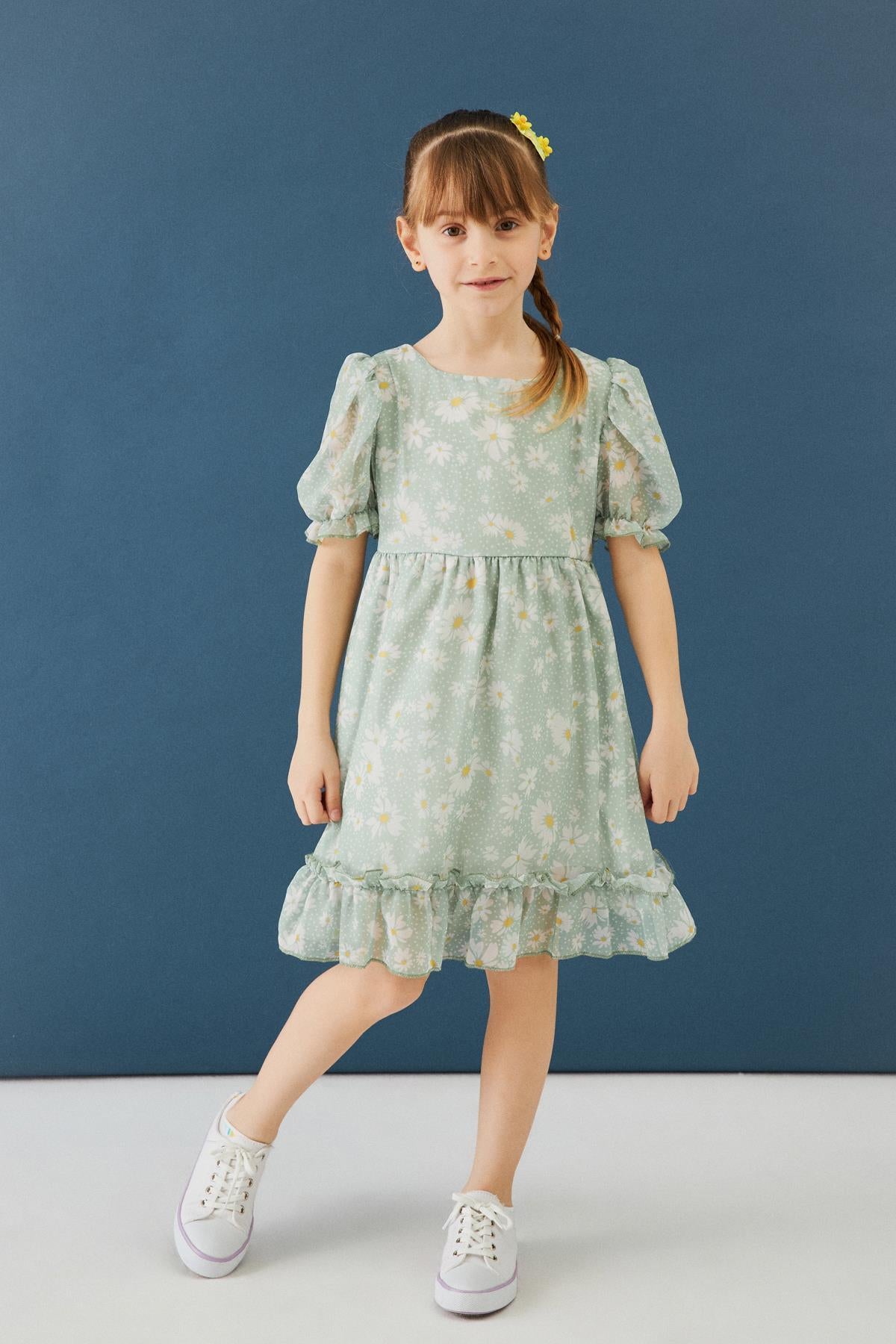 Balon Kollu Eteği Fırfırlı Çiçek Desenli Kız Çocuk Elbise