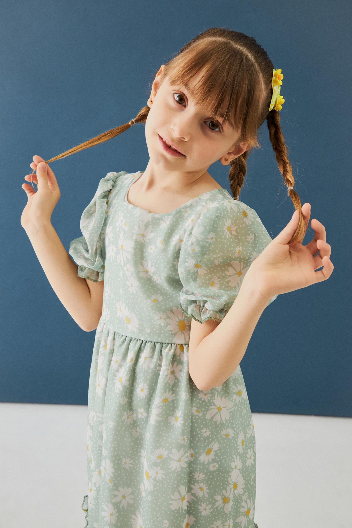 Balon Kollu Eteği Fırfırlı Çiçek Desenli Kız Çocuk Elbise