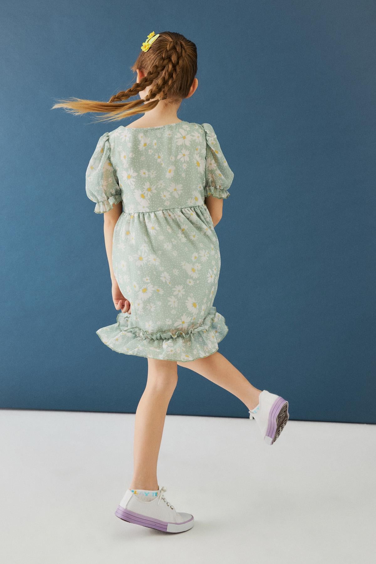 Balon Kollu Eteği Fırfırlı Çiçek Desenli Kız Çocuk Elbise