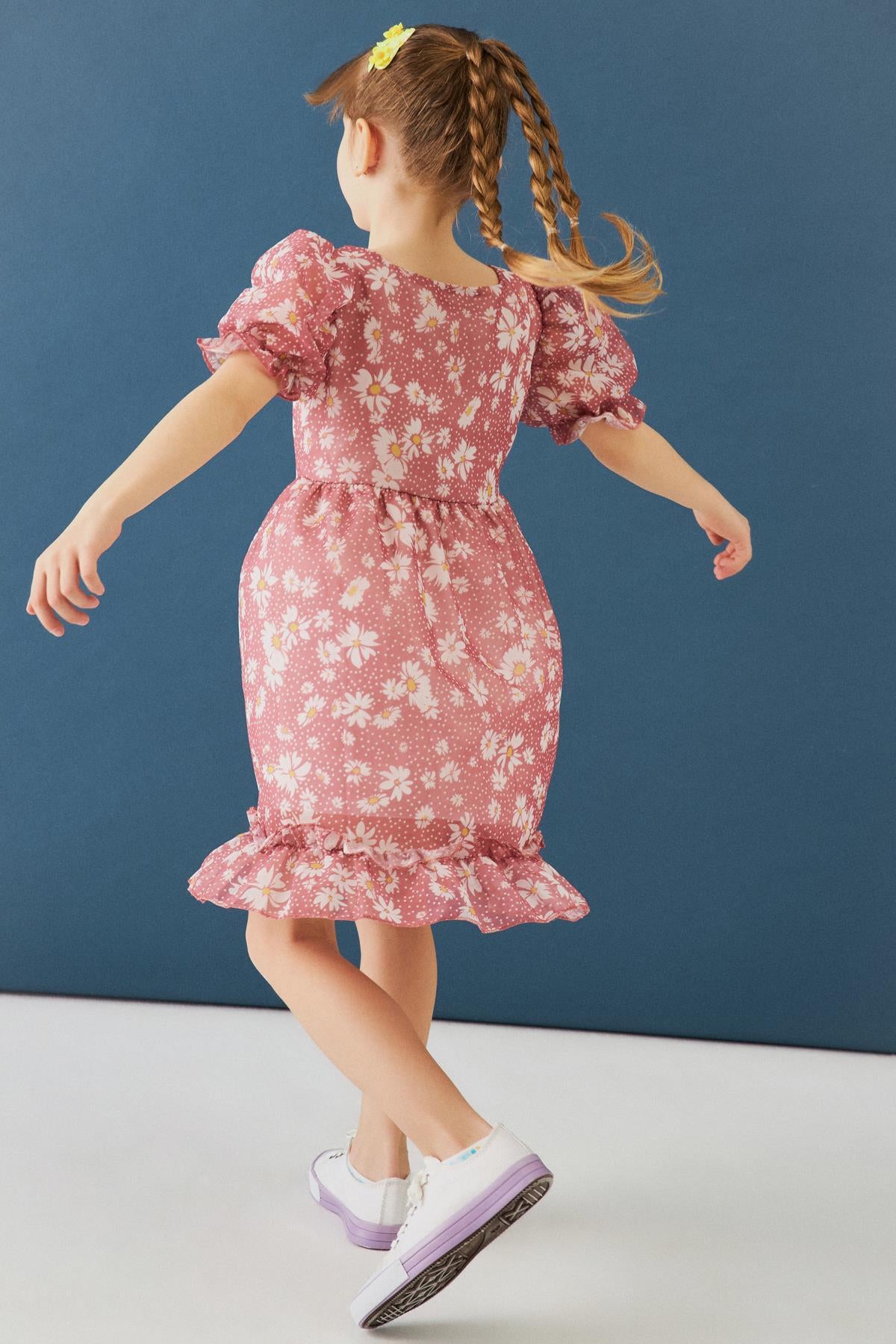 Balon Kollu Eteği Fırfırlı Çiçek Desenli Kız Çocuk Elbise