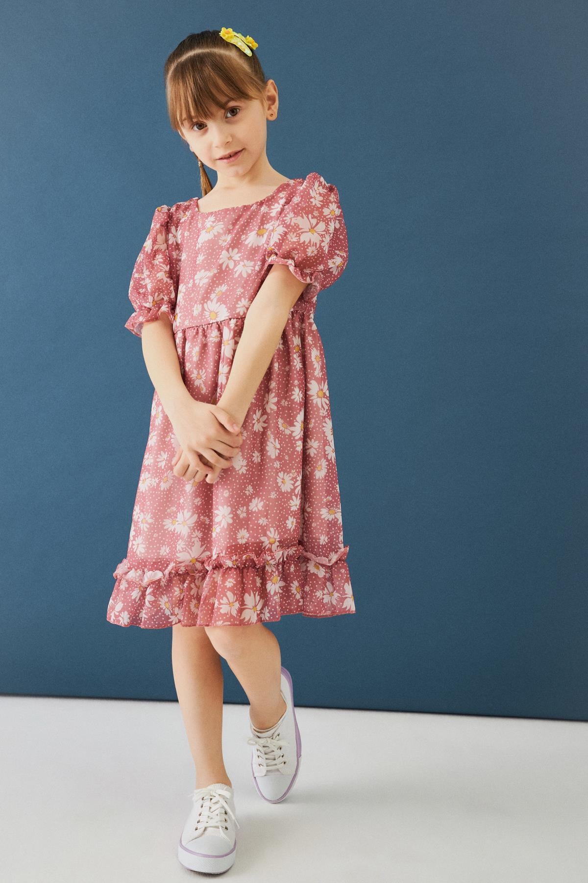 Balon Kollu Eteği Fırfırlı Çiçek Desenli Kız Çocuk Elbise