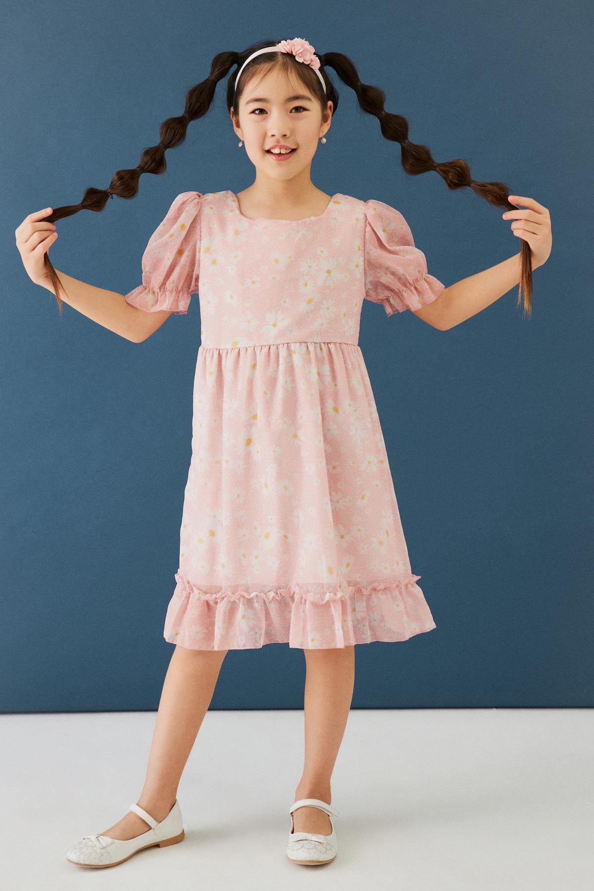 Balon Kollu Eteği Fırfırlı Çiçek Desenli Kız Çocuk Elbise