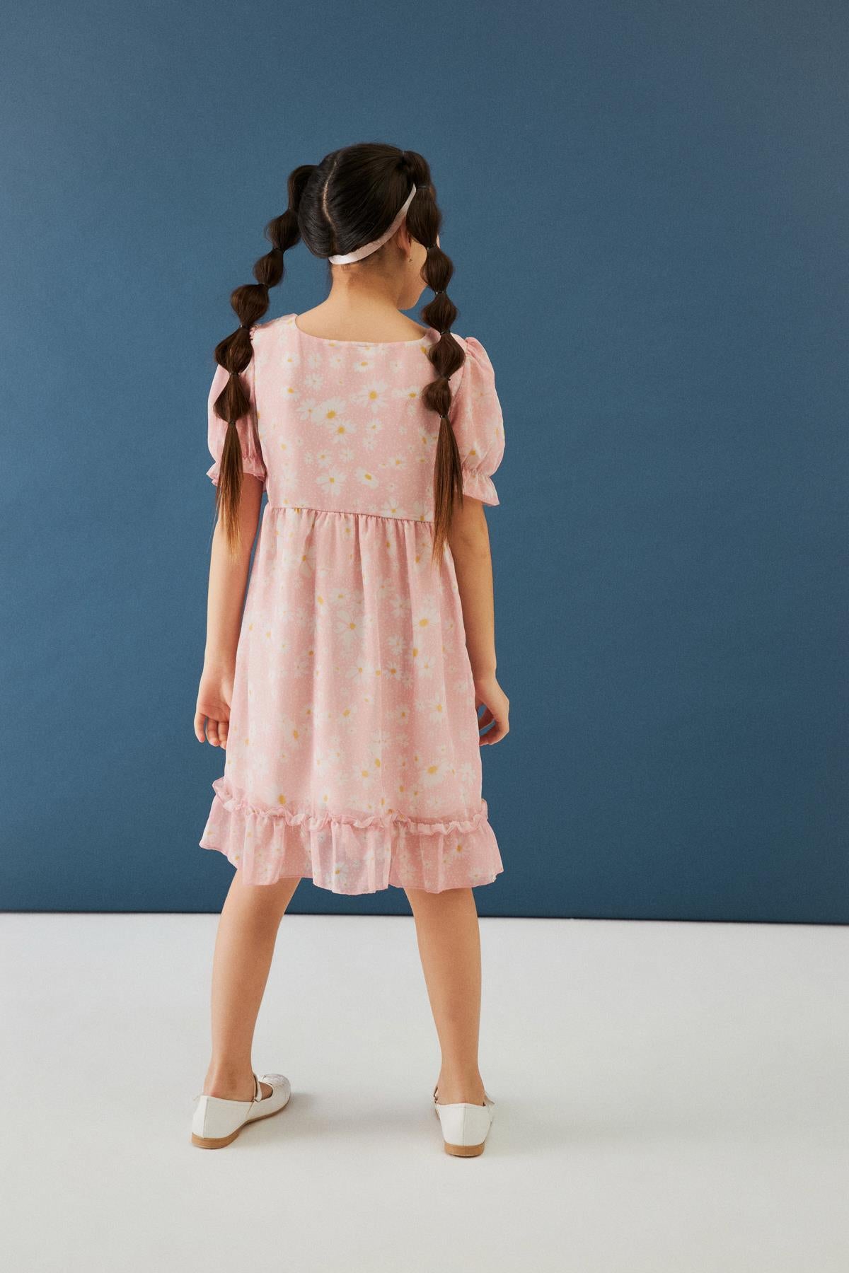 Balon Kollu Eteği Fırfırlı Çiçek Desenli Kız Çocuk Elbise