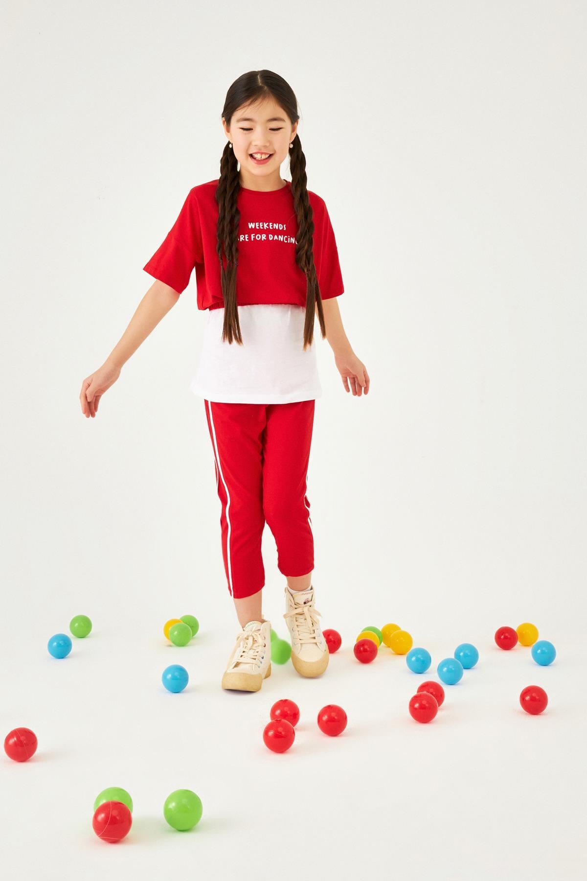 Baskılı Şerit Detaylı Atletli ve Taytlı Kız Çocuk Üçlü Takım