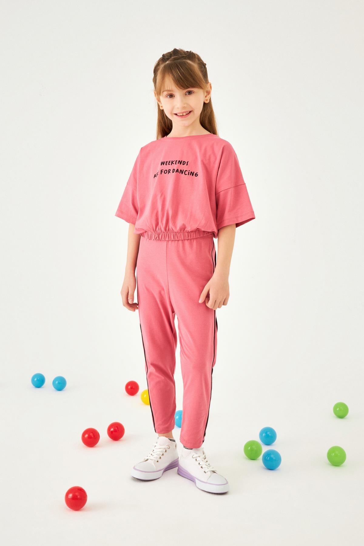 Baskılı Şerit Detaylı Atletli ve Taytlı Kız Çocuk Üçlü Takım