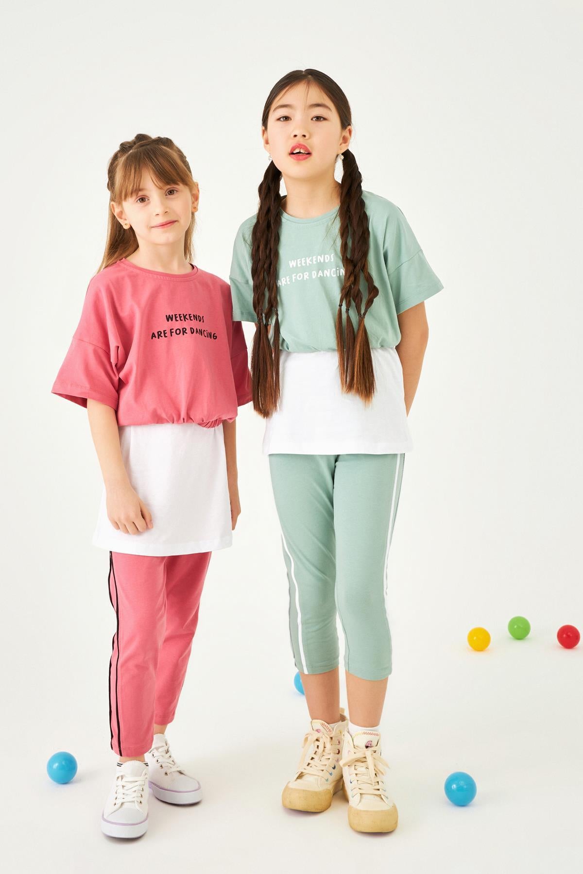 Baskılı Şerit Detaylı Atletli ve Taytlı Kız Çocuk Üçlü Takım