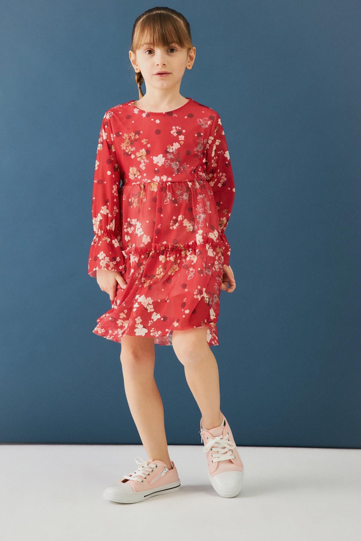 Bisiklet Yaka Uzun Kollu Çiçek Desenli Şifon Kız Çocuk Elbise